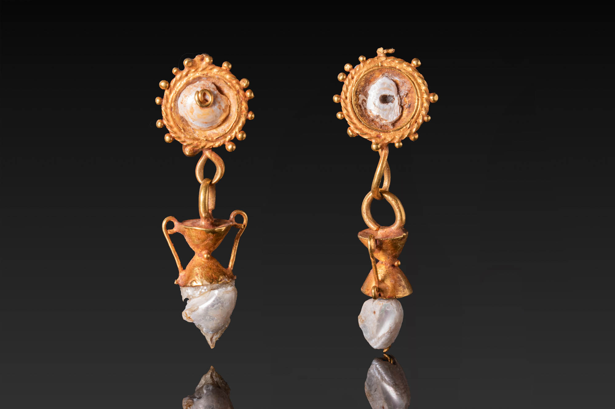 HELLENISTIC MATCHED PAIR OF GOLD EARRINGS WITH AMPHORA-SHAPED PENDANTS