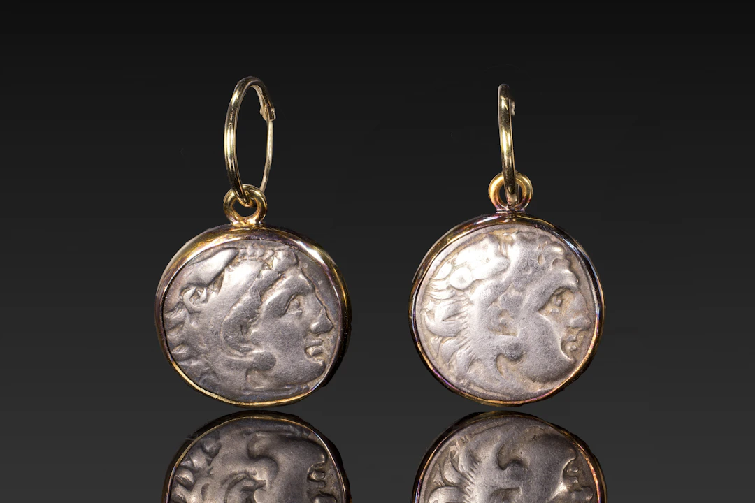 PAIR OF SILVER DRACHMS OF ALEXANDER THE GREAT IN GOLD EARRINGS