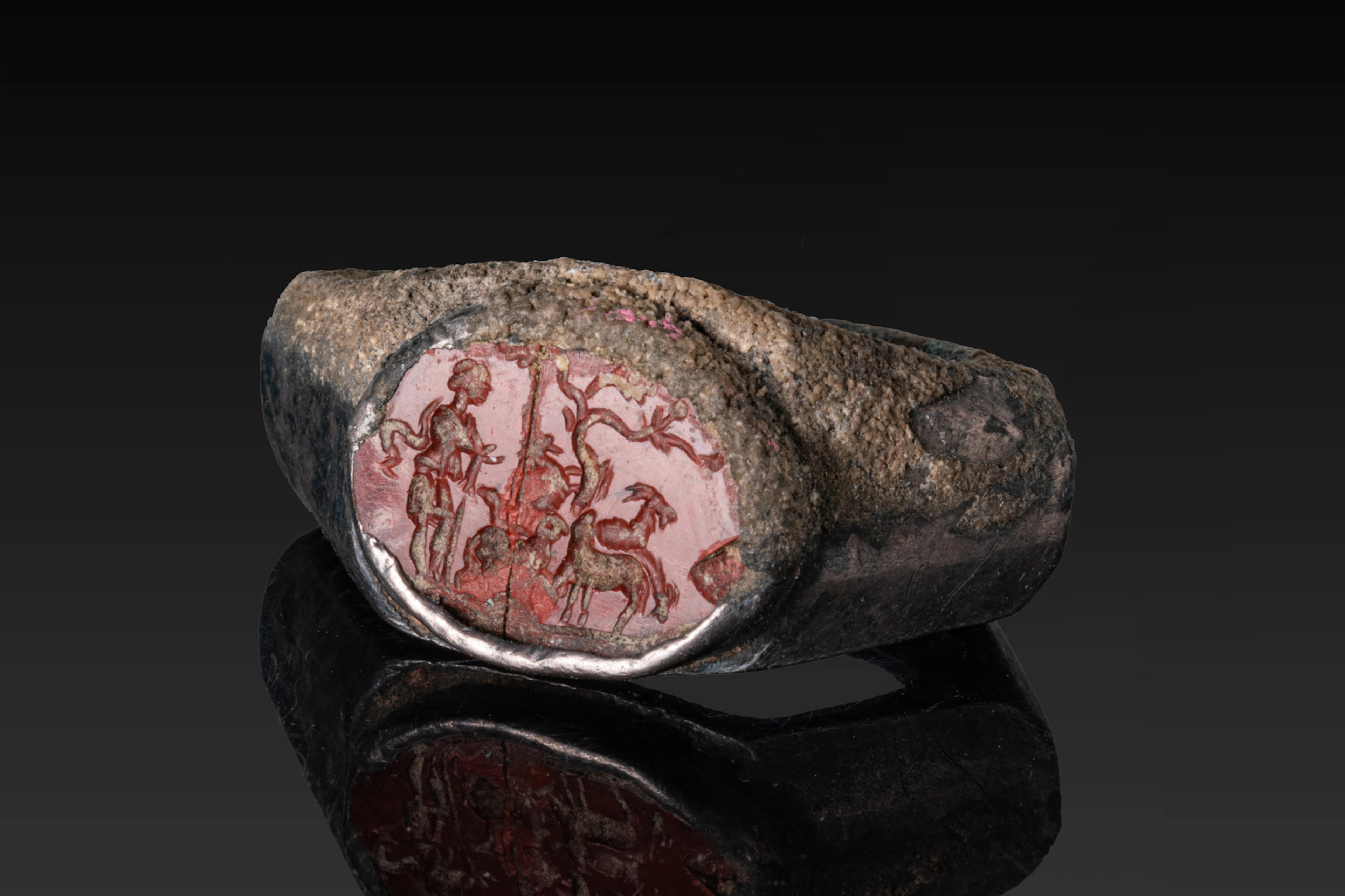ROMAN SILVER RING WITH RED JASPER INTAGLIO WITH BUCOLIC SCENE