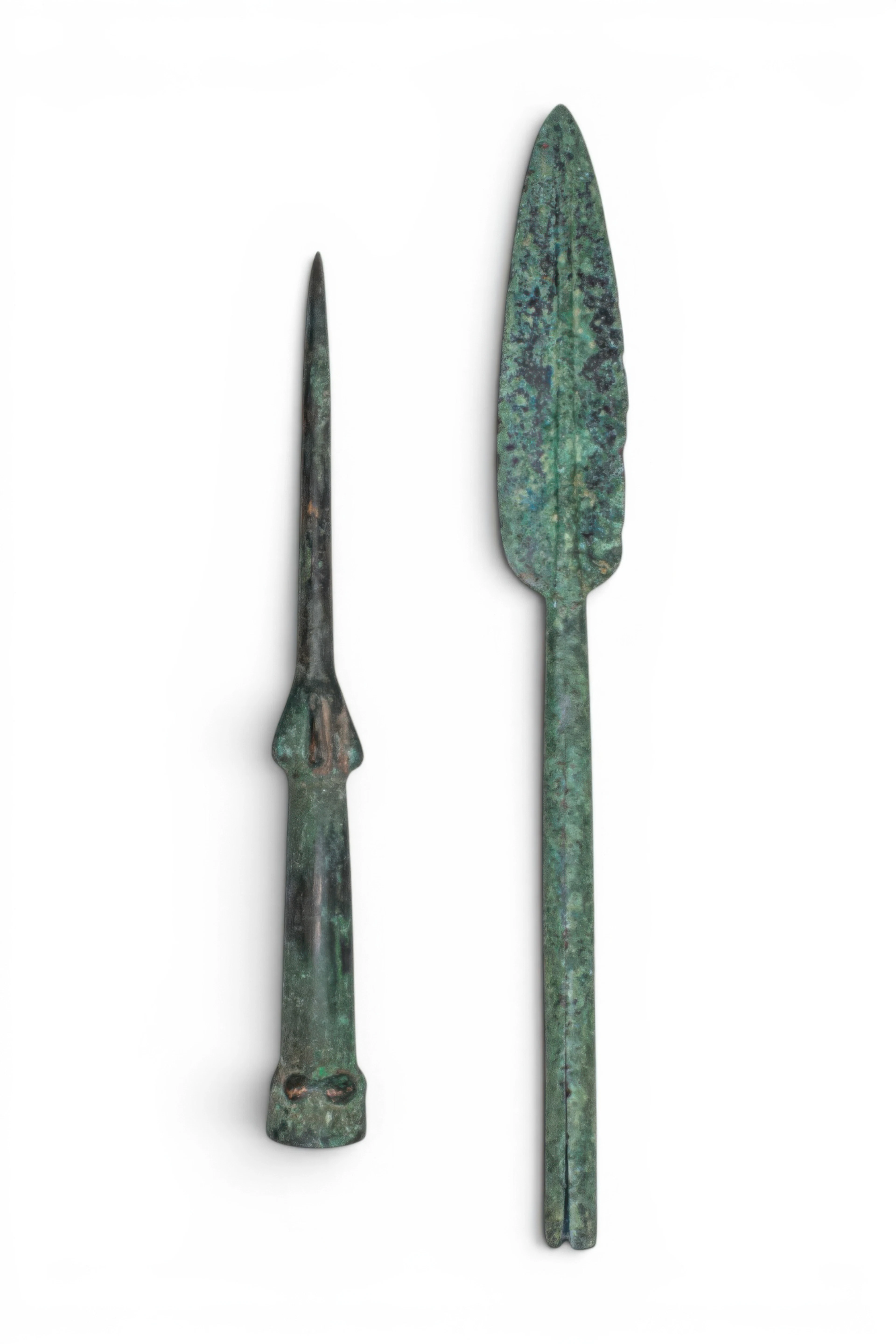 PAIR OF LARGE BRONZE AGE / EARLY GREEK BRONZE SPEARHEADS
