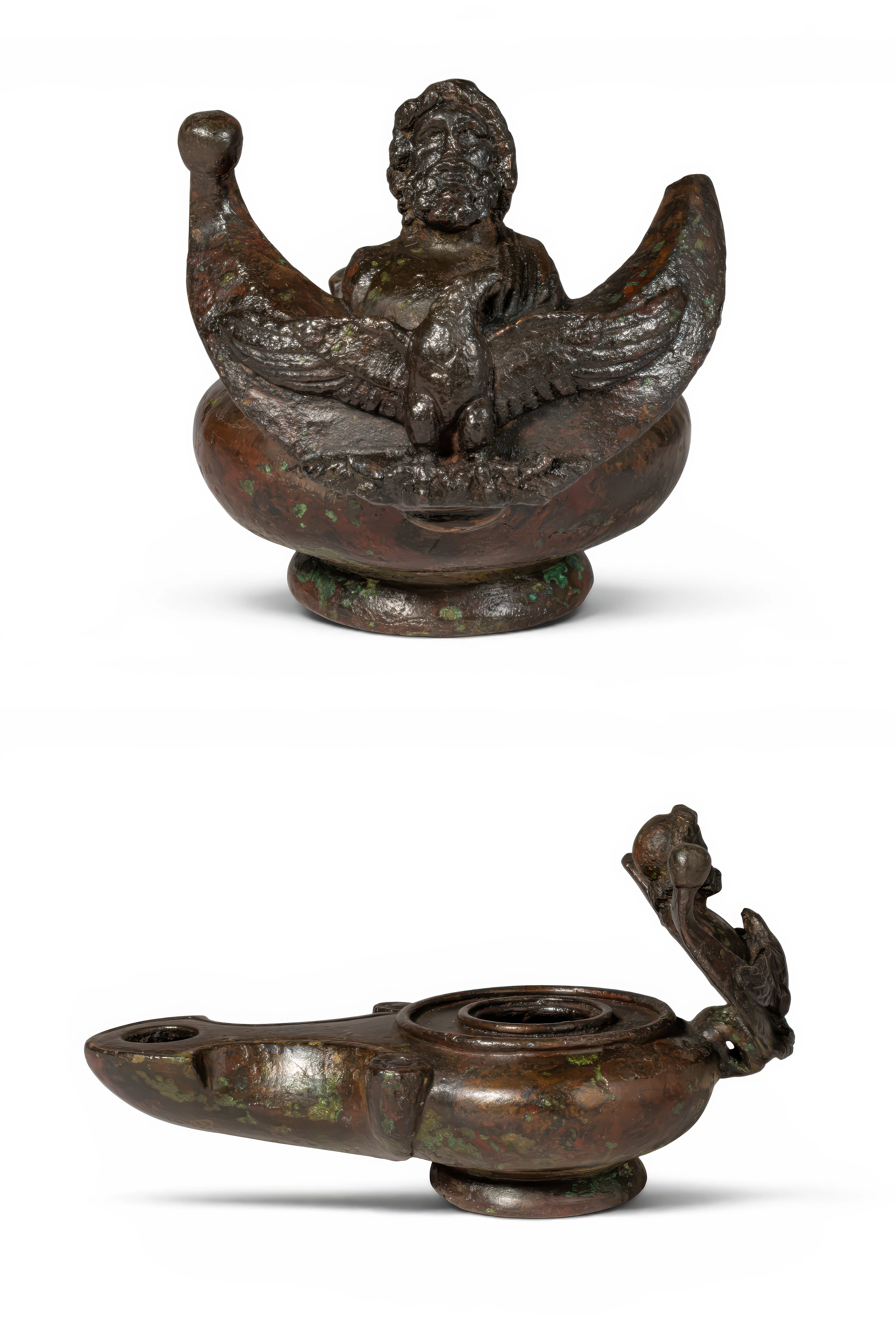 HUGE ROMAN BRONZE OIL LAMP WITH BUST OF JUPITER AND EAGLE