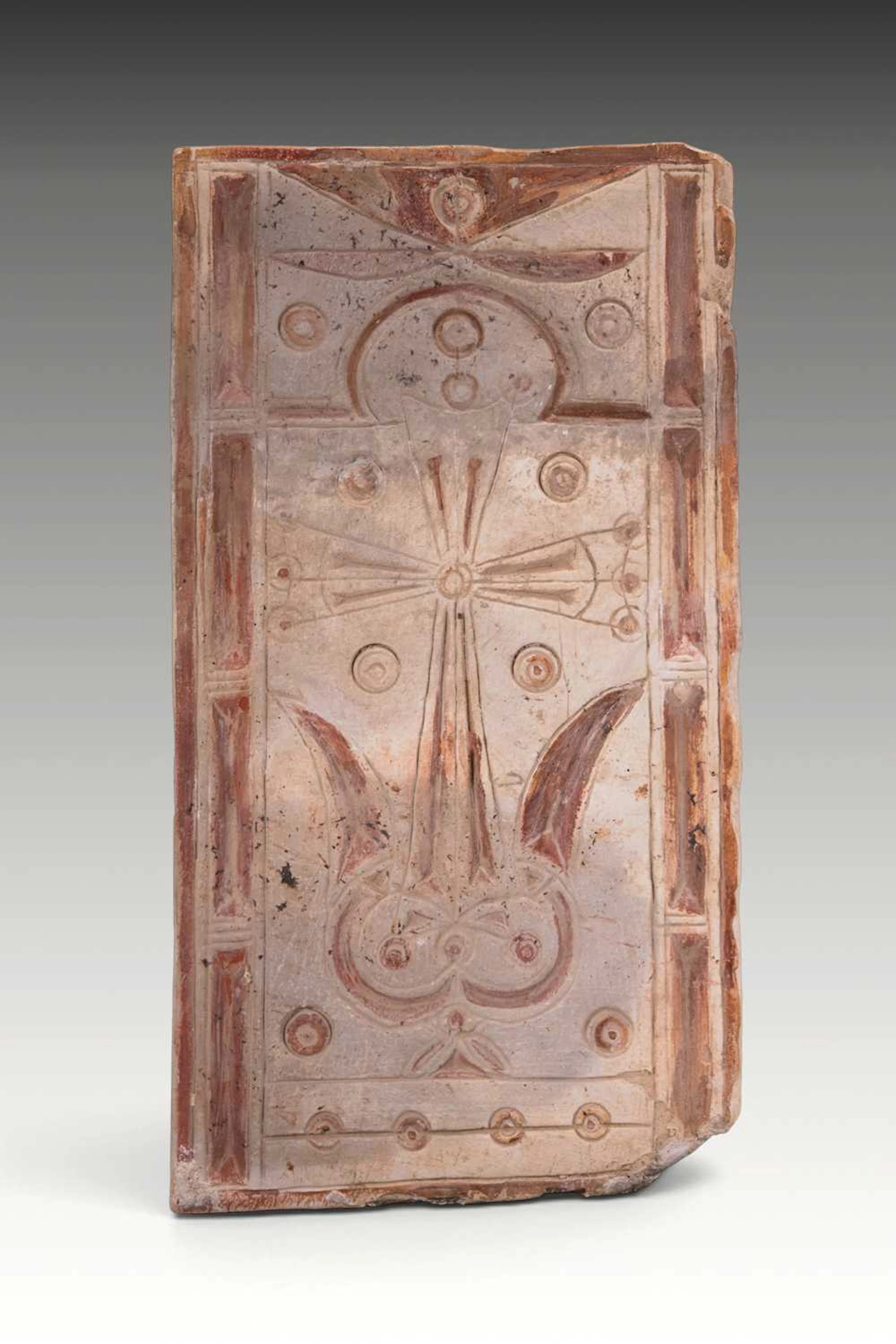 BYZANTINE PAINTED STONE PANEL WITH CROSS