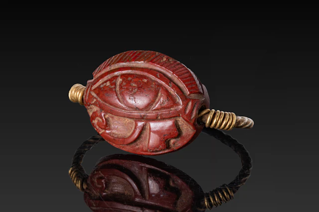 EGYPTIAN RED JASPER SCARABOID WITH WEDJAT EYE IN SILVER-GILT RING