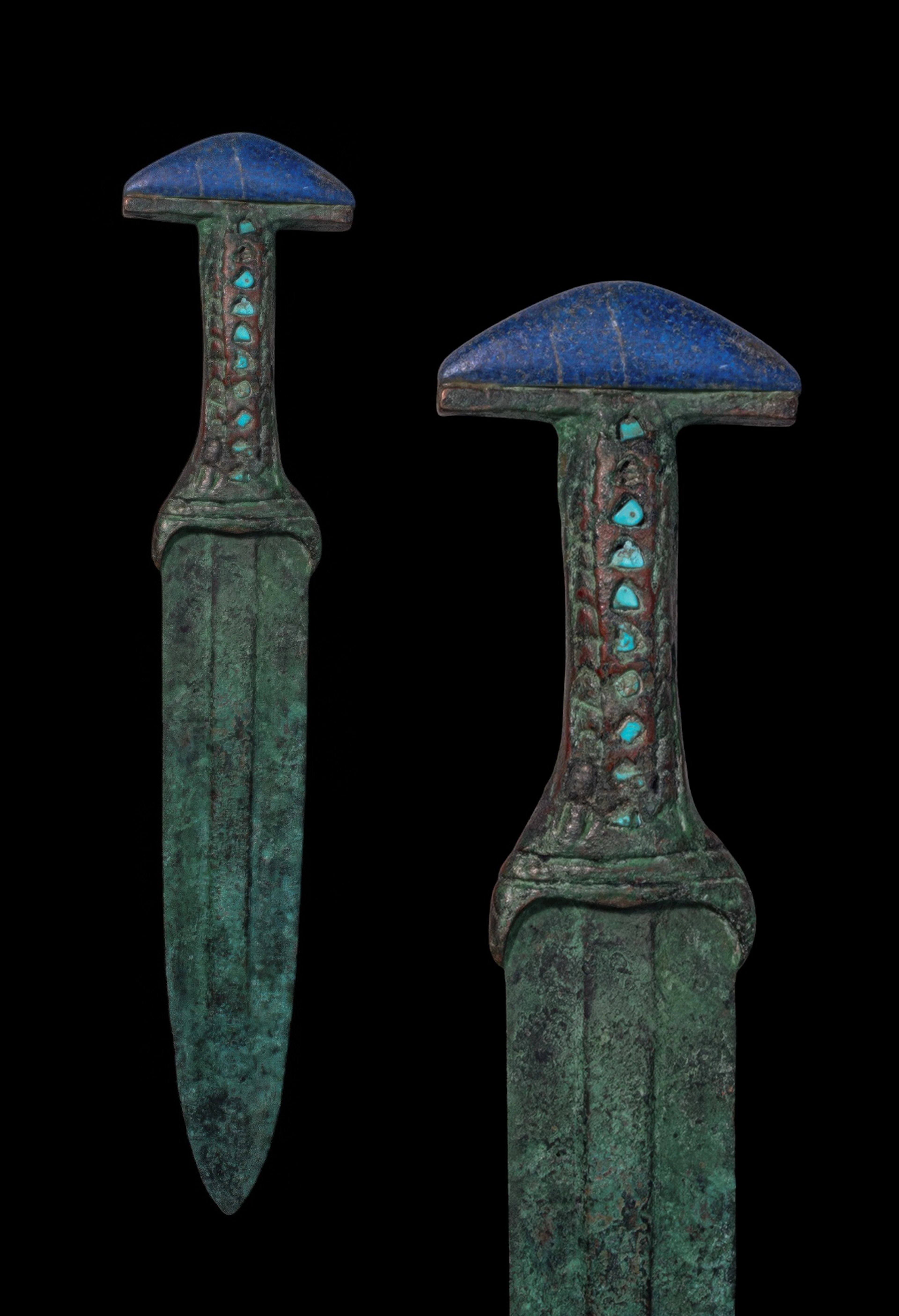 EGYPTIAN BRONZE DAGGER WITH LAPIS LAZULI POMMEL AND TURQUOISE INLAYS