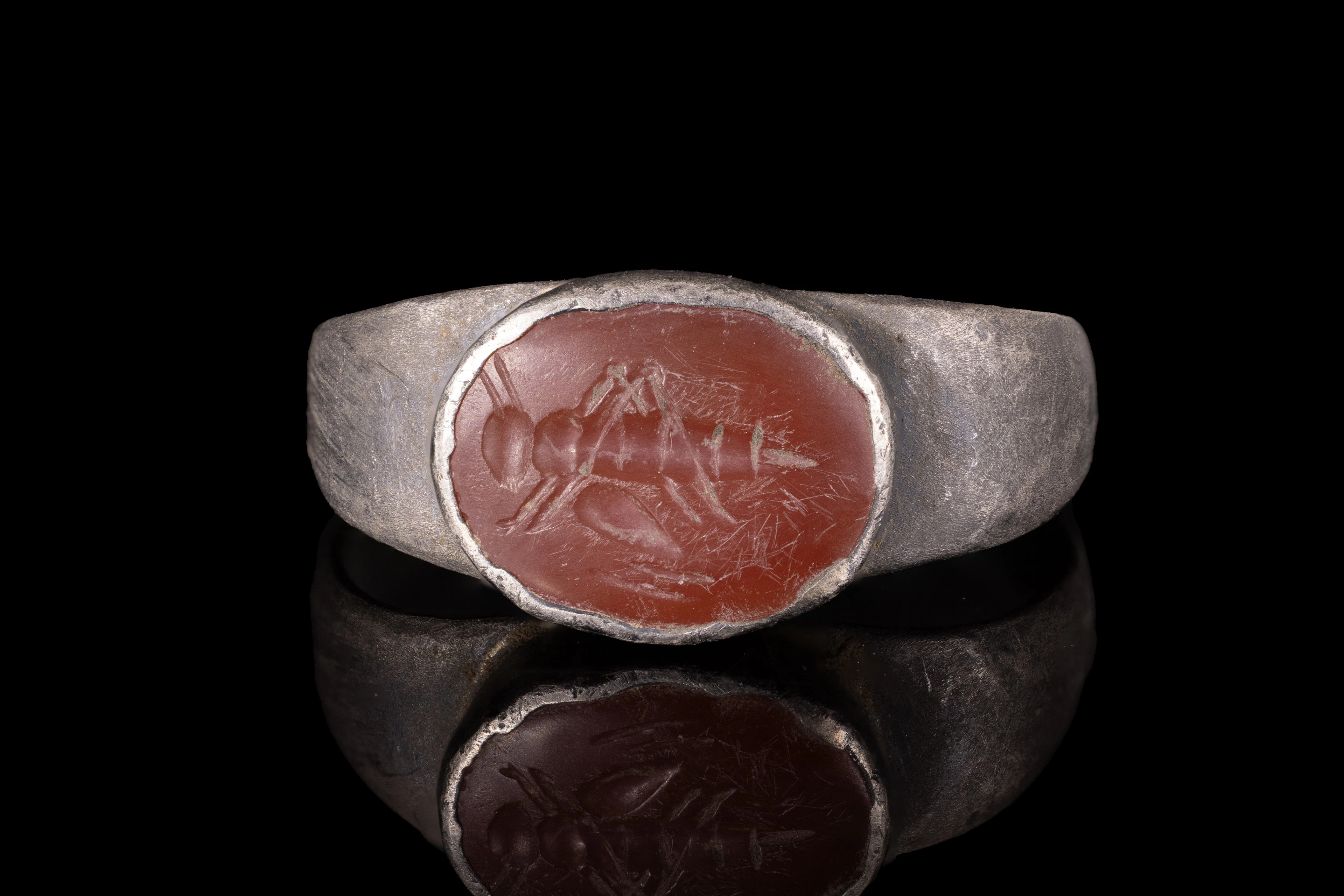 ROMAN CARNELIAN INTAGLIO WITH GRASSHOPPER IN SILVER RING