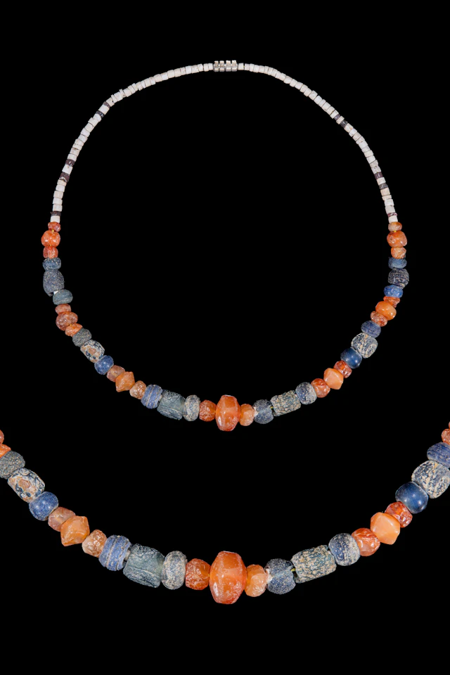 EGYPTIAN GOLD FAIENCE, GLASS AND CARNELIAN BEAD NECKLACE