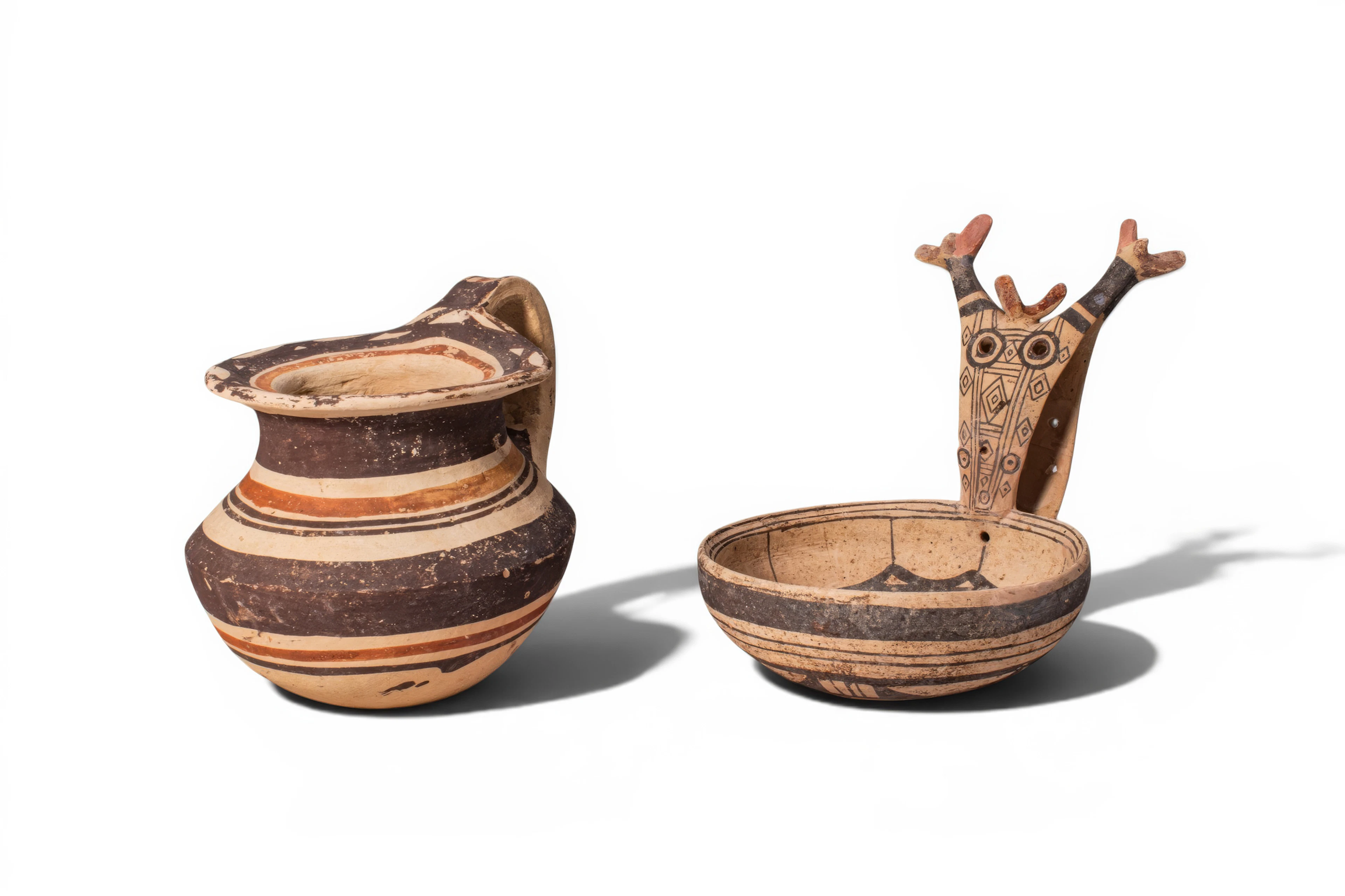 PAIR OF DAUNIAN TERRACOTTA BICHROME VESSELS, JUG AND KYATHOS