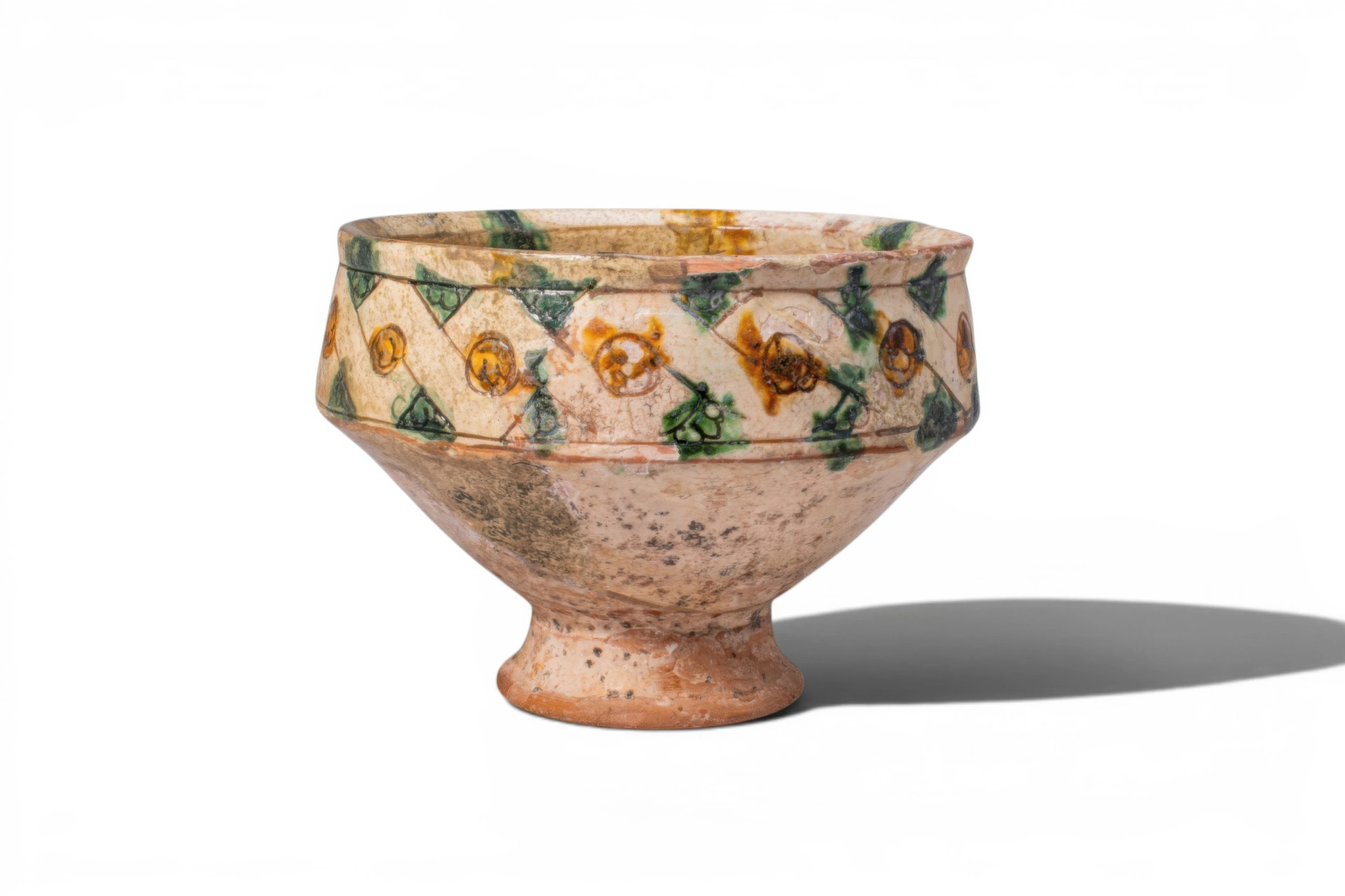 BYZANTINE GLAZED TERRACOTTA FOOTED BOWL WITH GEOMETRIC MOTIFS - EX