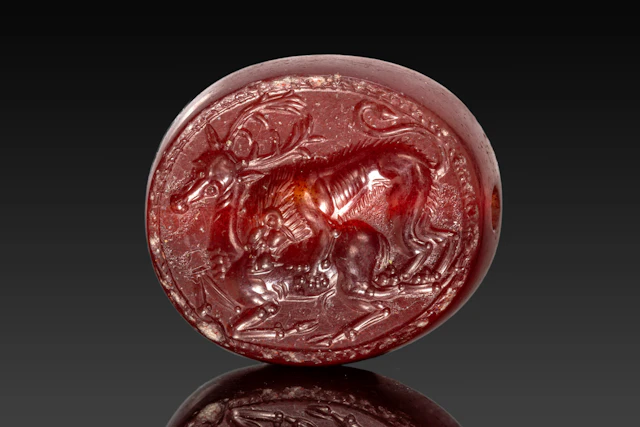 ETRUSCAN CARNELIAN STAMP SEAL WITH A LION ATTACKING A STAG