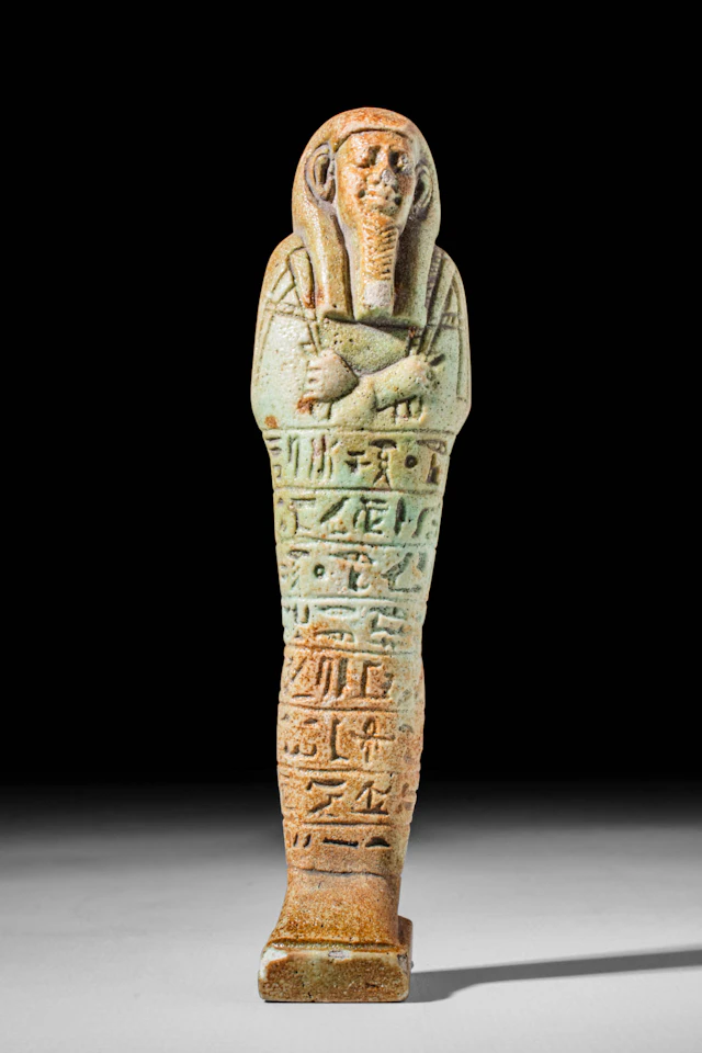 EGYPTIAN FAIENCE USHABTI OF UAHIBRA BORN OF ASETIRIDIES