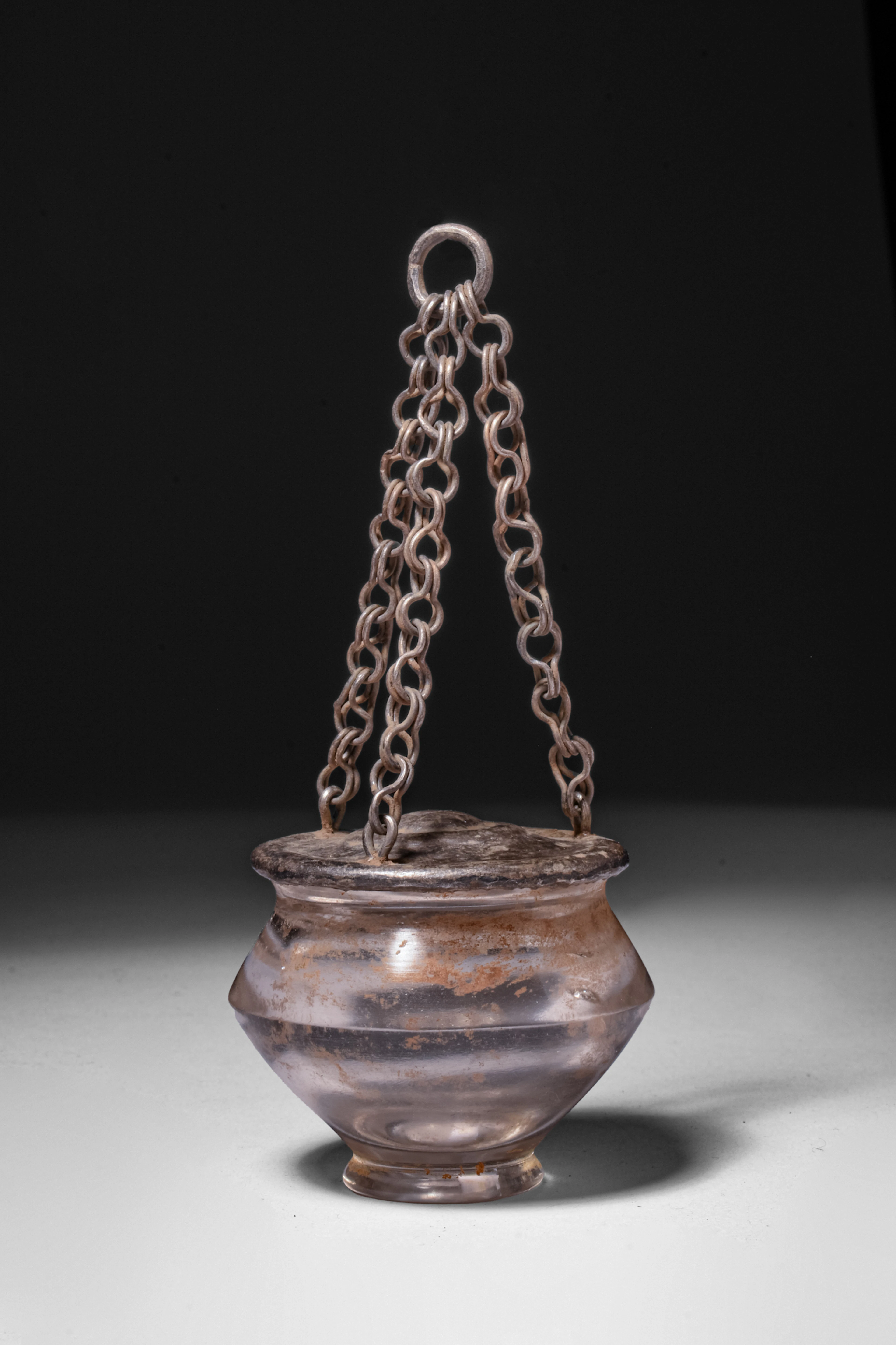 RARE ROMAN ROCK CRYSTAL BICONICAL VESSEL WITH SILVER LID AND CHAIN