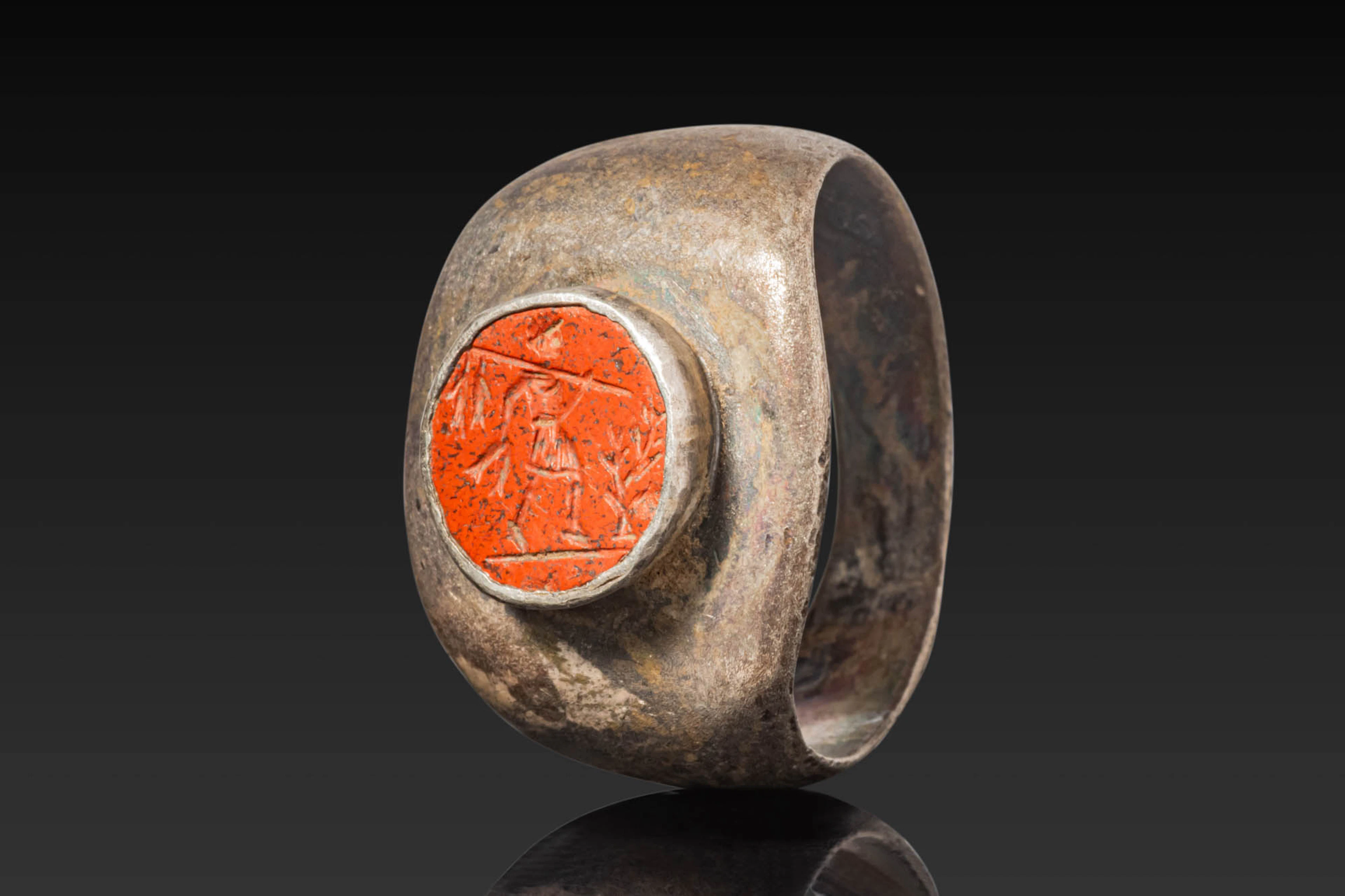 ROMAN RED JASPER INTAGLIO DEPICTING BUCOLIC SCENE IN SILVER RING