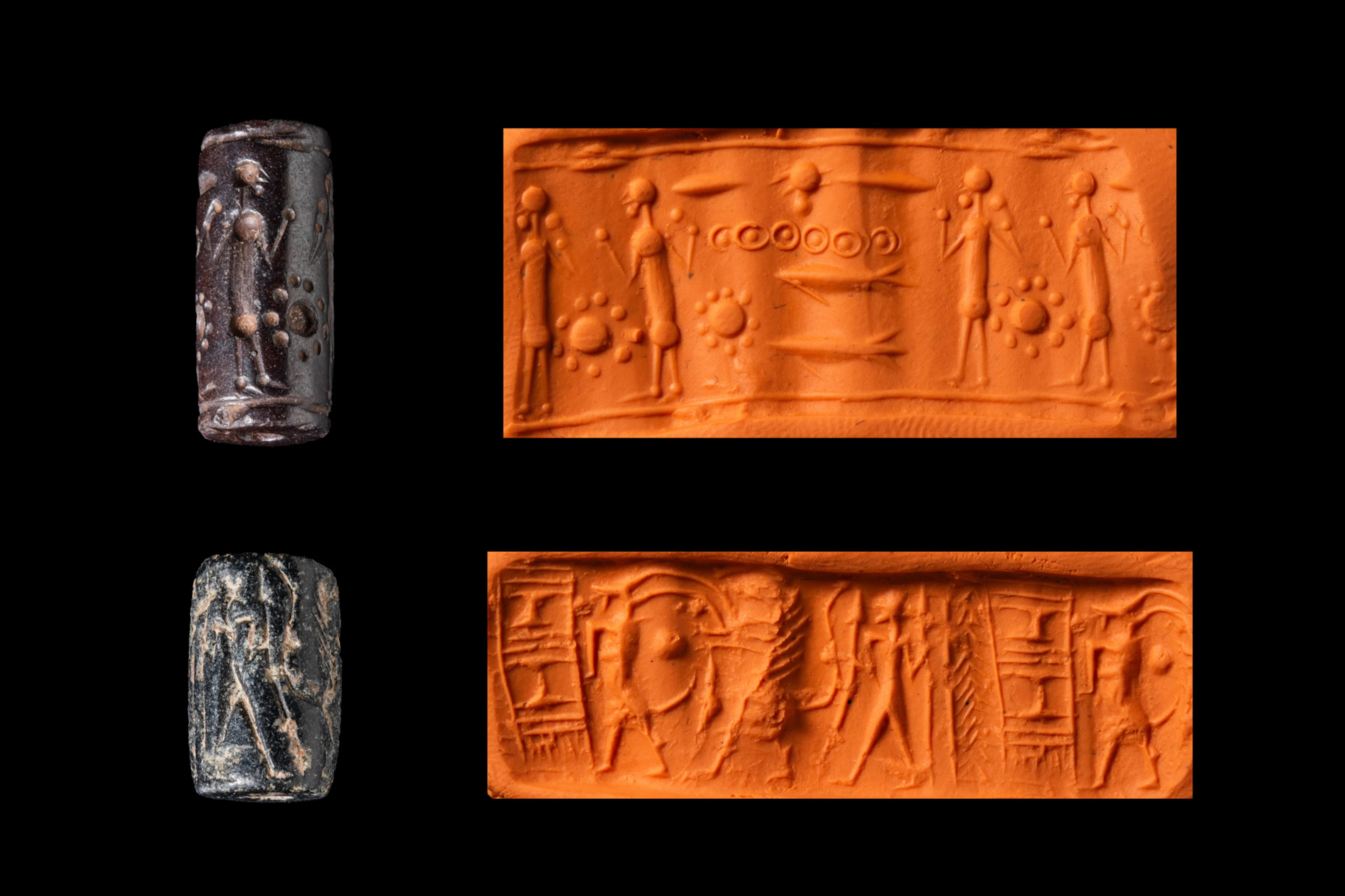 MITANNI HEMATITE CYLINDER SEAL WITH STANDING FIGURES