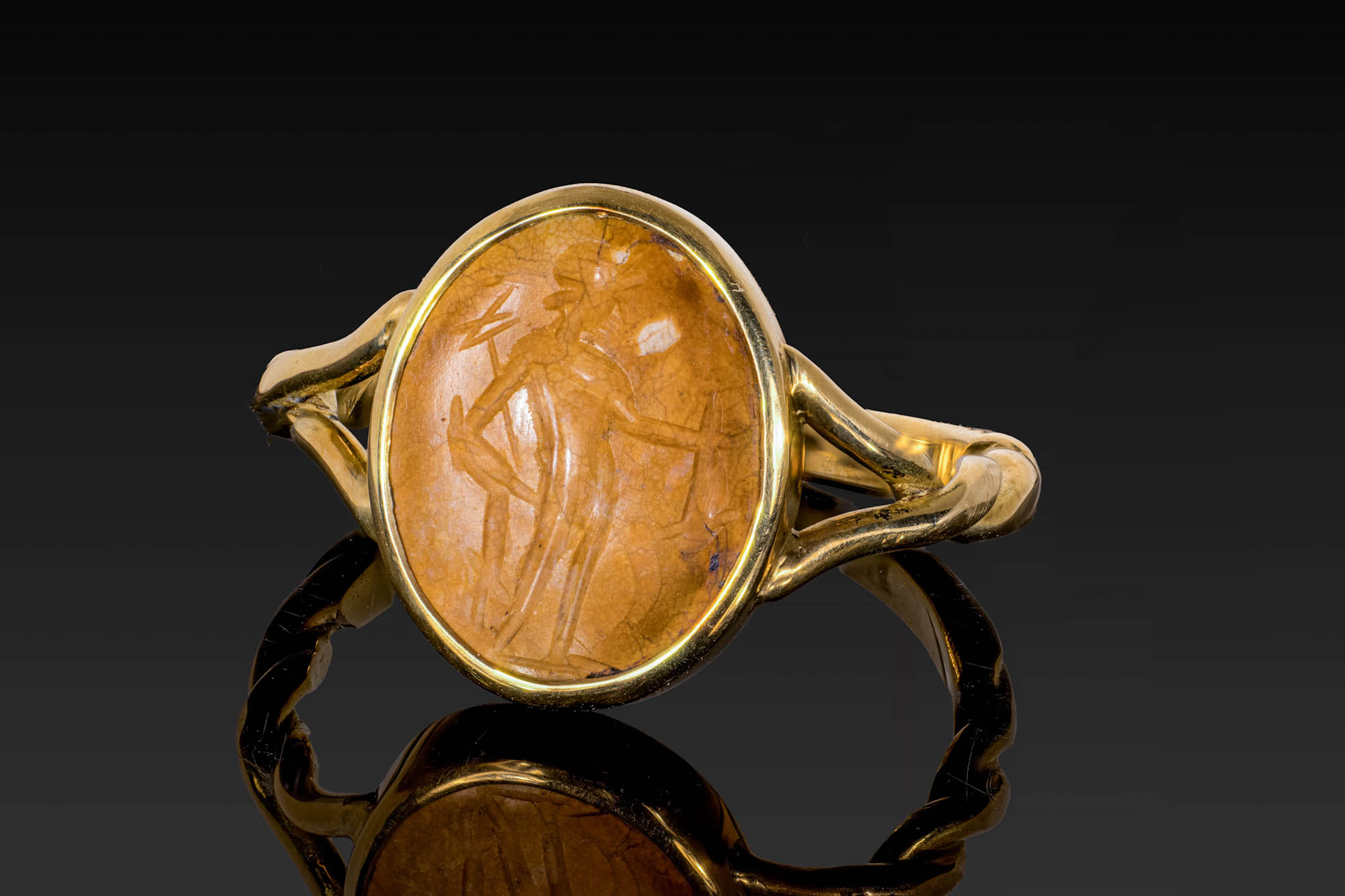 ROMAN YELLOW JASPER INTAGLIO OF MERCURY IN GOLD RING