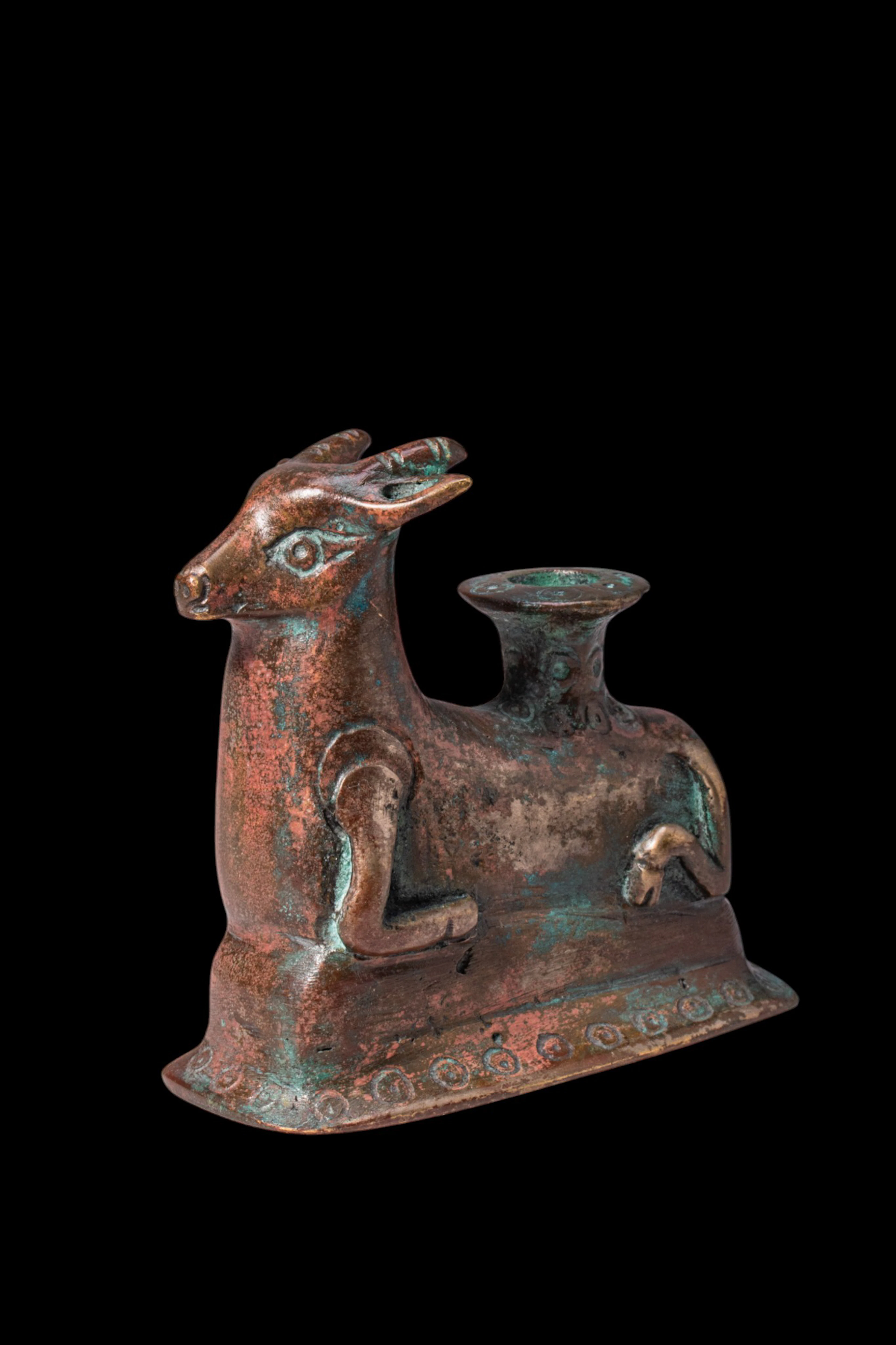 RARE MESOPOTAMIAN COPPER ALLOY DEER-SHAPED KOHL VESSEL