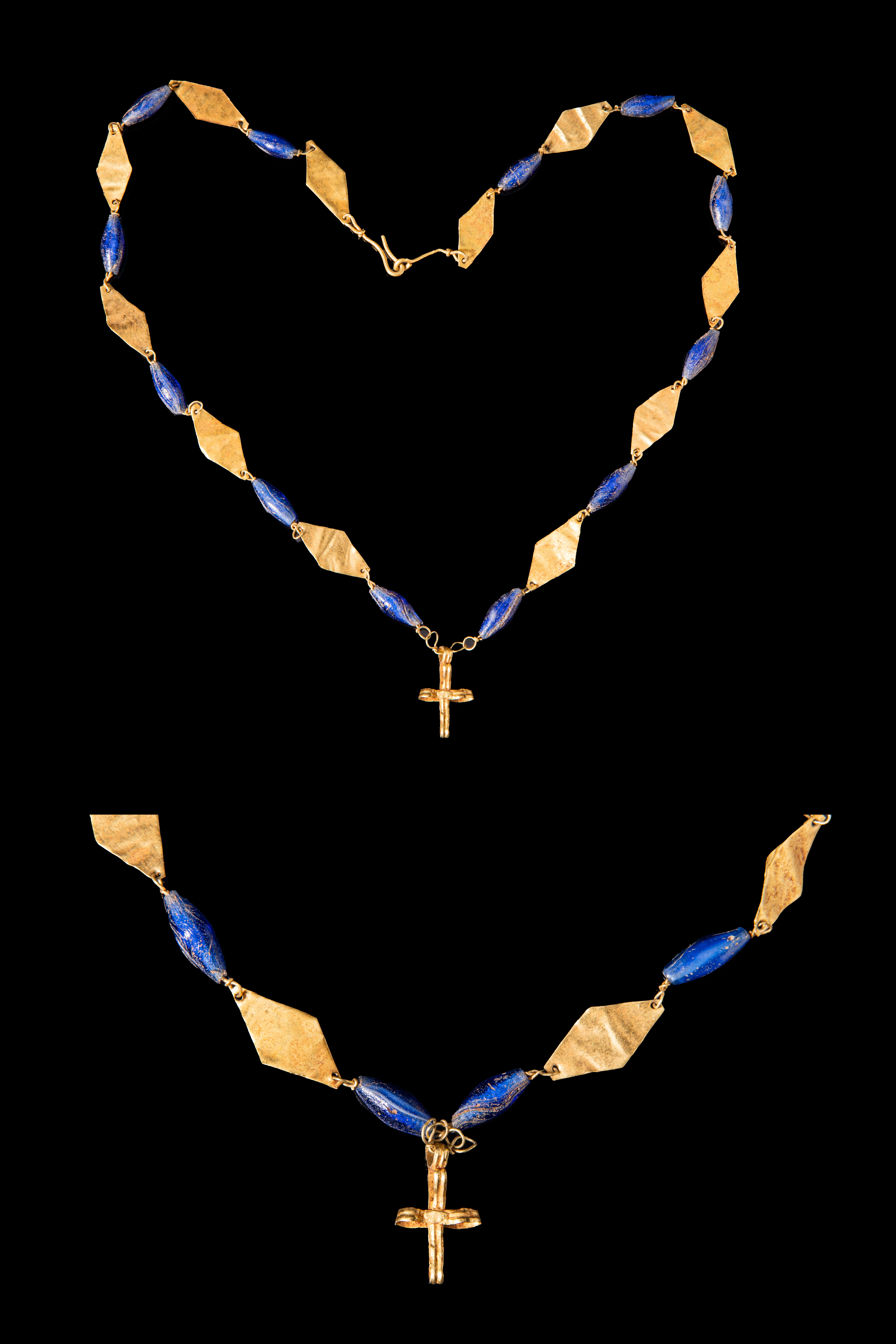 BYZANTINE GOLD AND BLUE GLASS NECKLACE WITH CROSS PENDANT