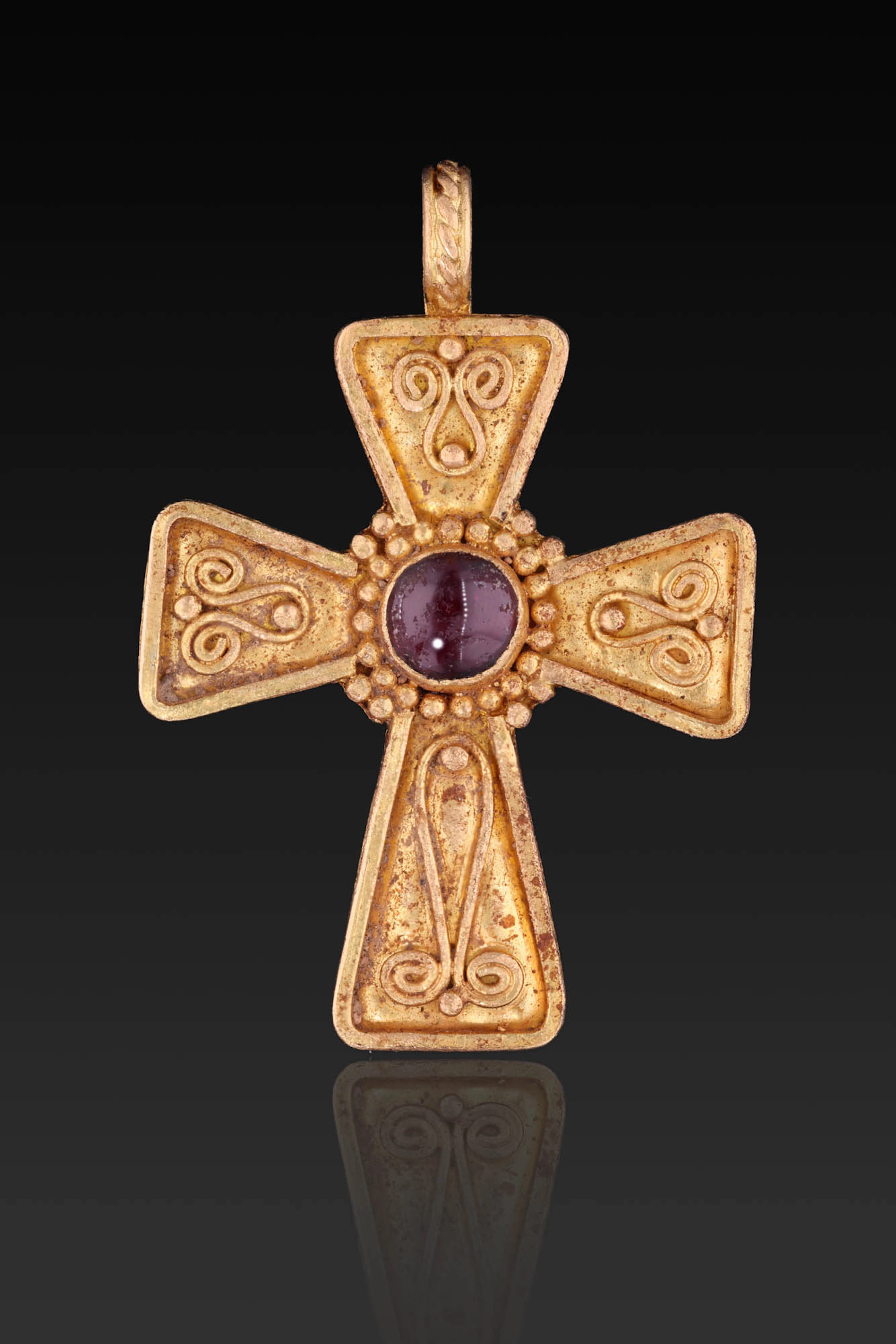 BYZANTINE GOLD CROSS PENDANT WITH GARNET CABOCHON AND GOLD PELLETS