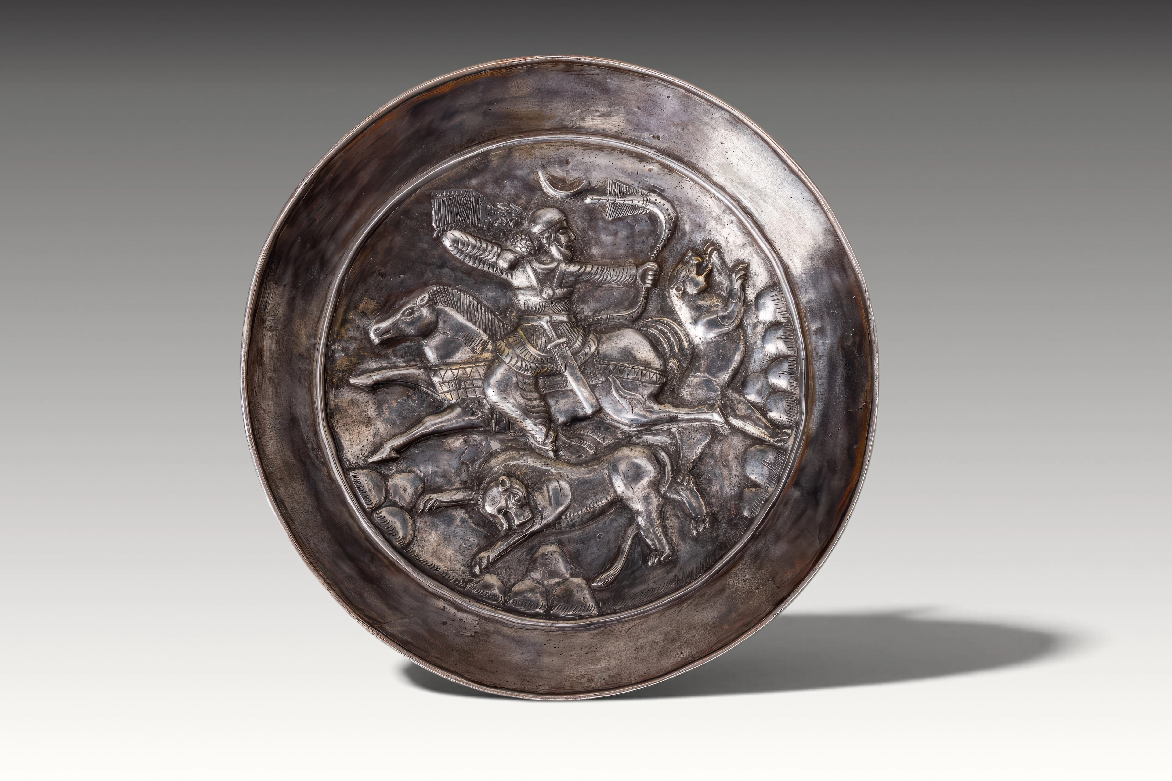 SASANIAN SOLID SILVER PLATE WITH KING HUNTING LIONS