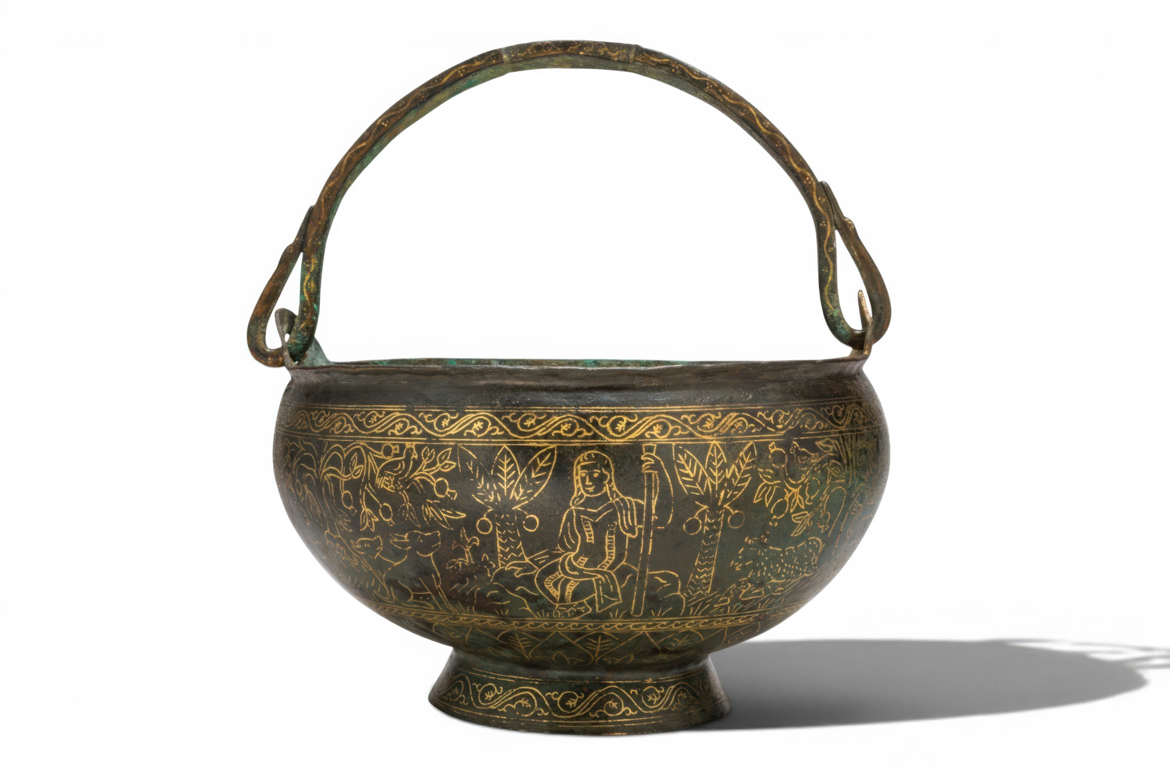 BYZANTINE LITURGICAL GILT-BRONZE SITULA WITH CHRIST AND ANIMALS