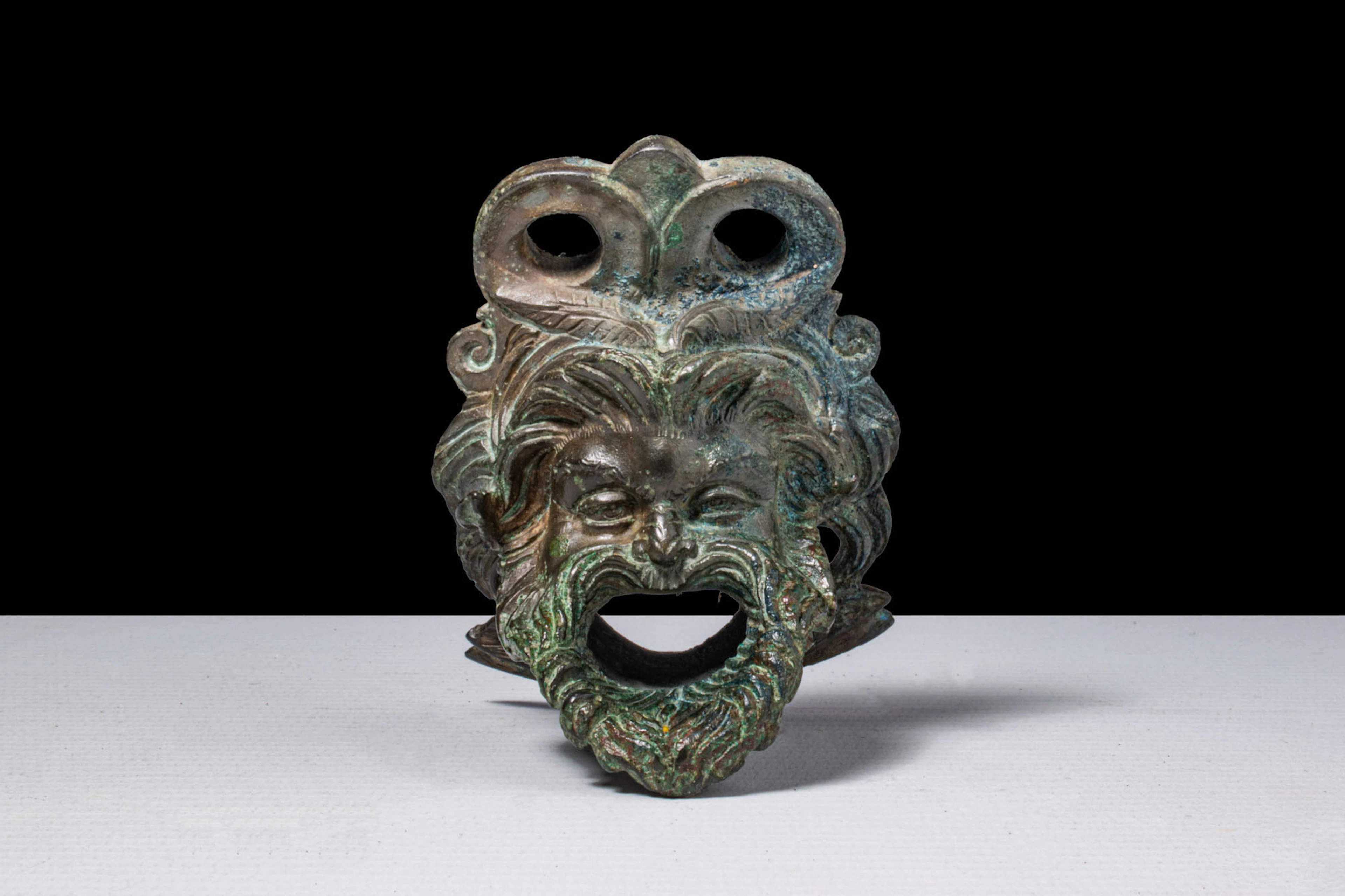 STUNNING GREEK BRONZE SITULA ATTACHMENT IN THE FORM OF A SILENUS HEAD