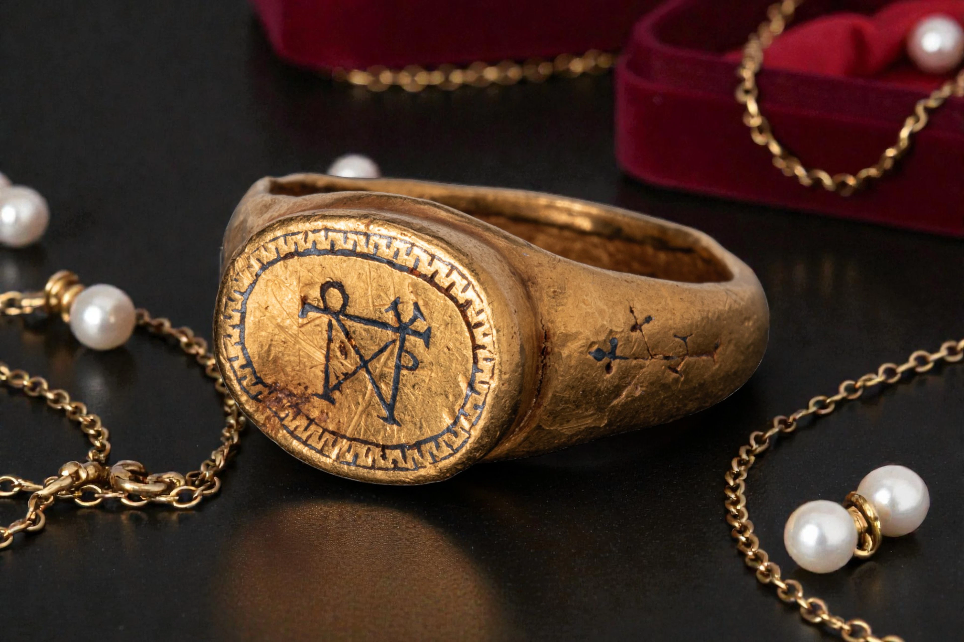 BYZANTINE SOLID HIGH KARAT GOLD AND NIELLO RING WITH MONOGRAM