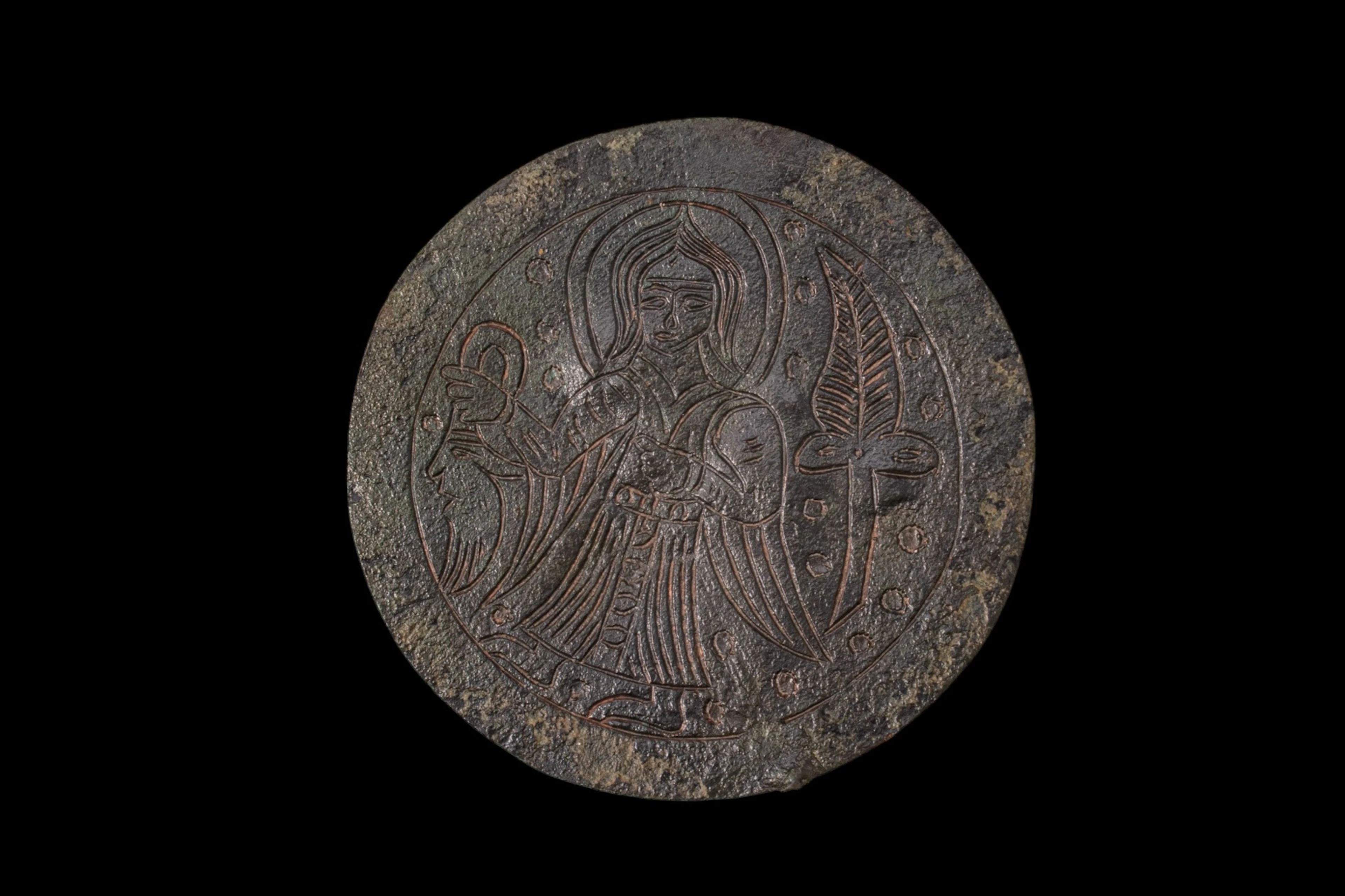 RARE BYZANTINE BRONZE APPLIQUÉ WITH AN ANGEL HOLDING A MASK