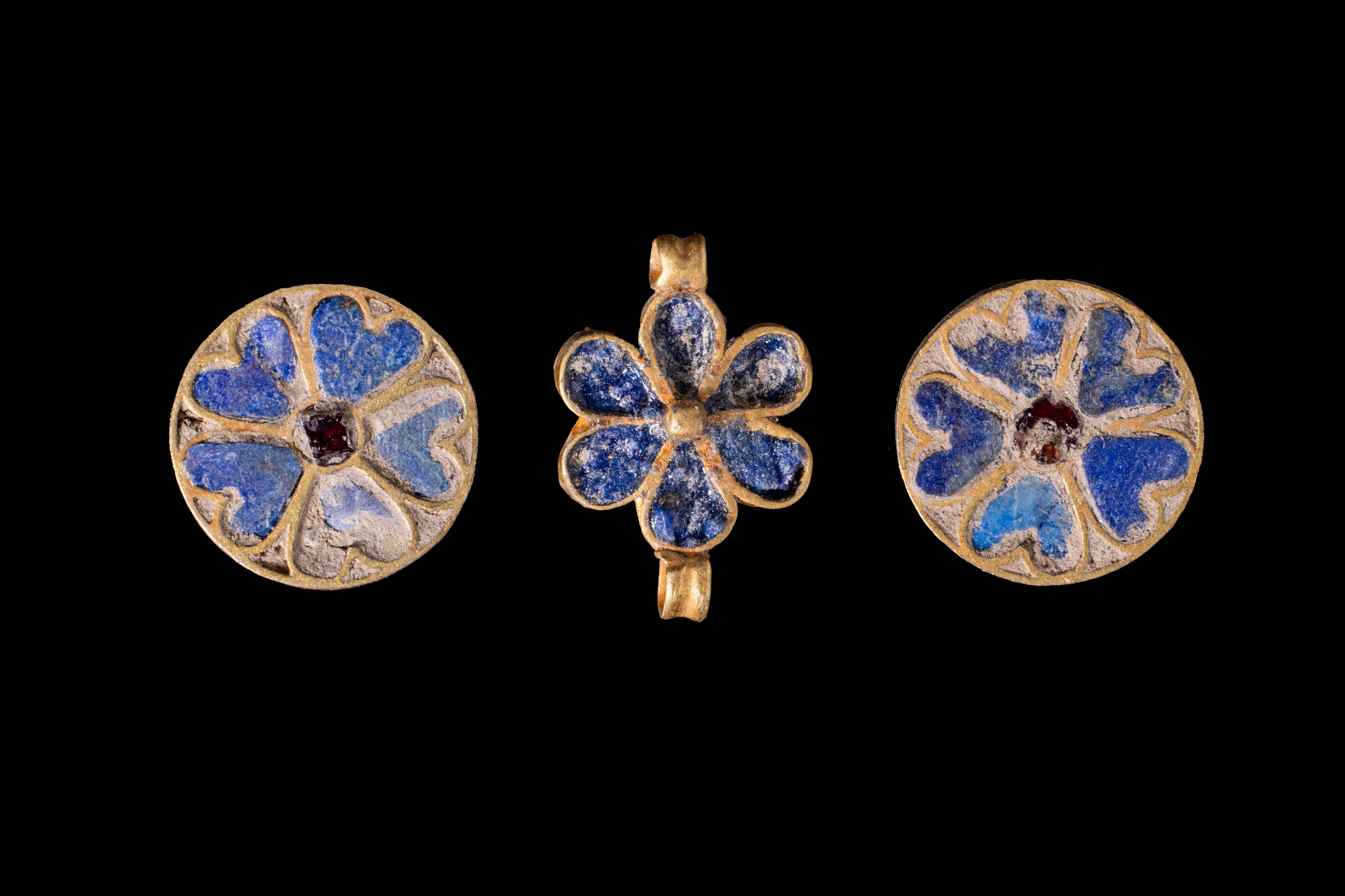 GREEK GOLD AND LAPIS LAZULI INLAID PENDANT AND APPLIQUES