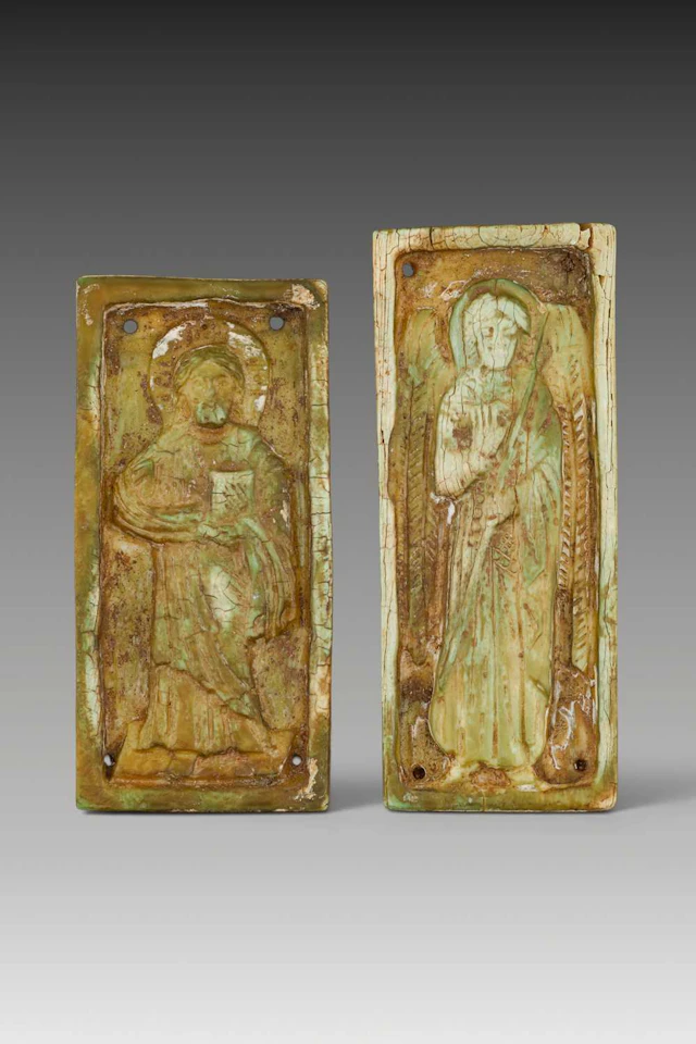 PAIR OF BYZANTINE BONE PLAQUES WITH CHRIST AND ARCHANGEL