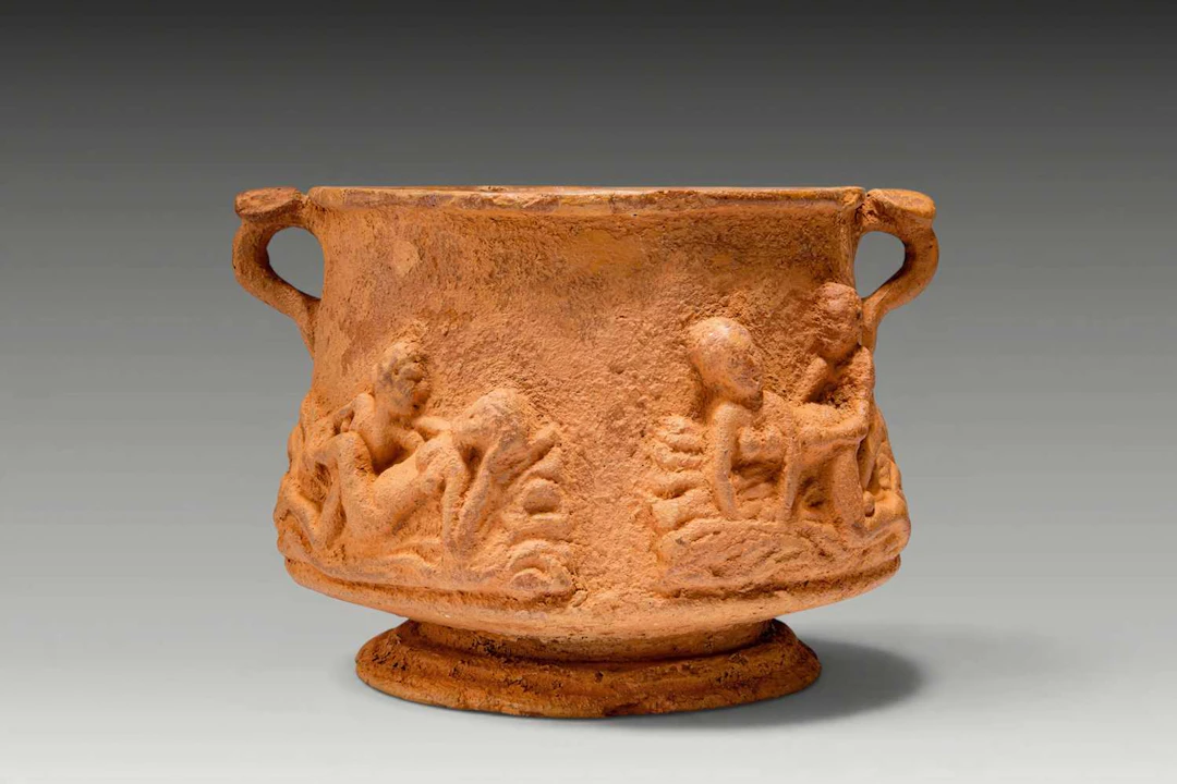ROMAN TERRACOTTA SKYPHOS WITH EROTIC SCENES