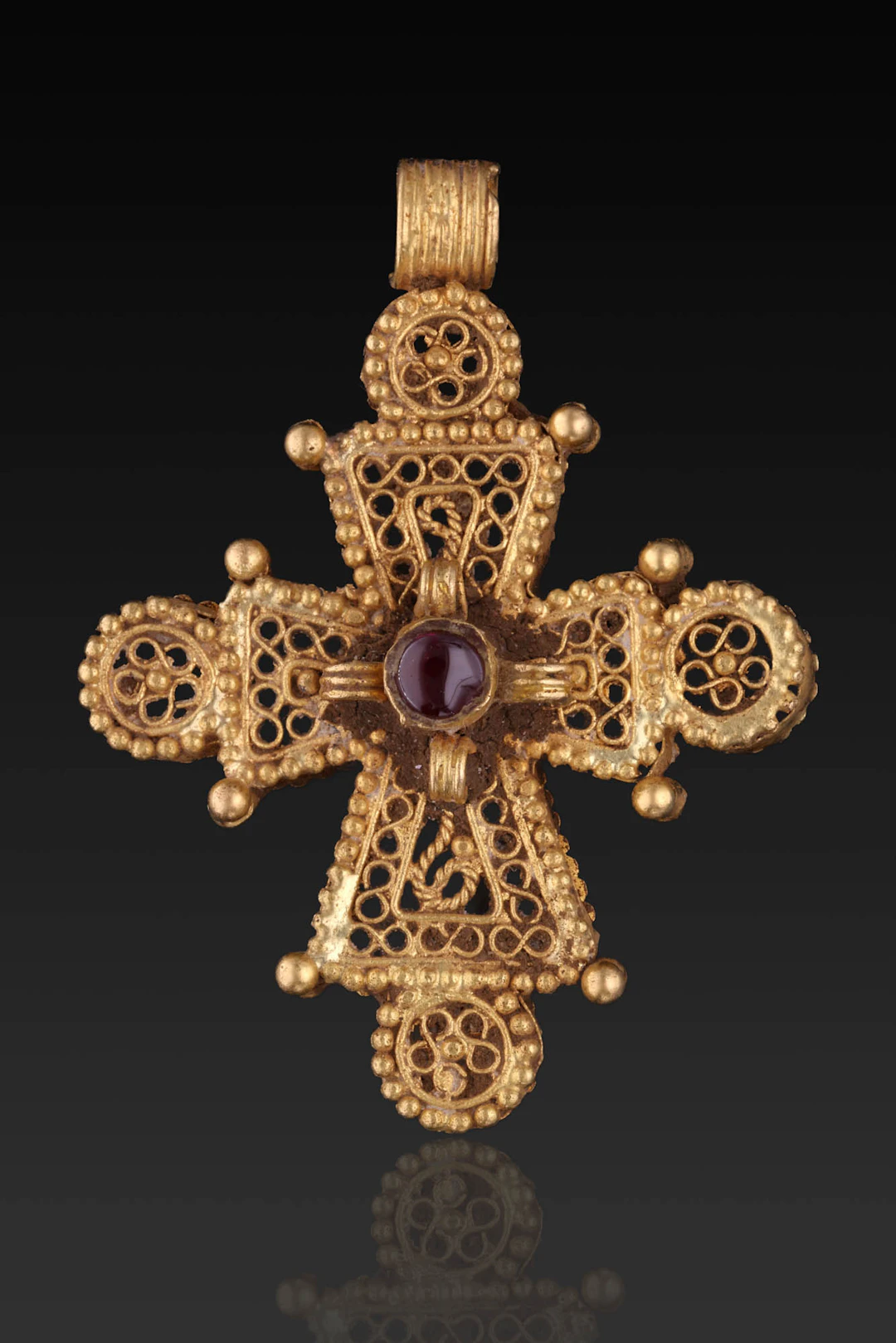 BYZANTINE GOLD OPENWORK CROSS PENDANT WITH GARNET