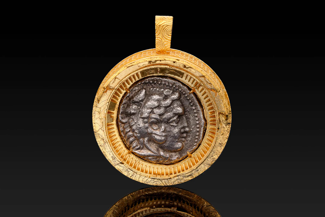 SILVER TETRADRACHM OF ALEXANDER THE GREAT IN A GOLD-PLATED STERLING