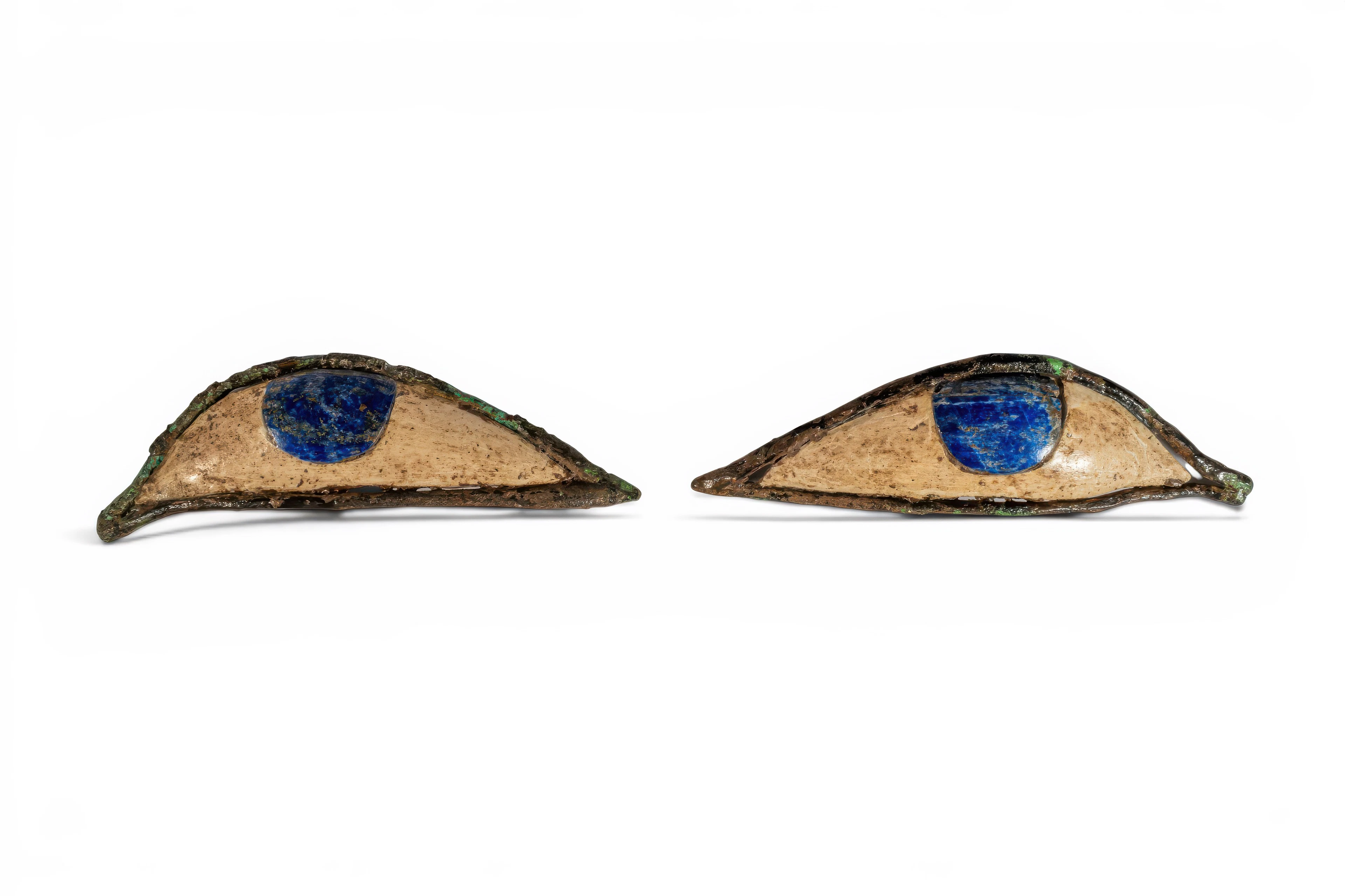 PAIR OF EGYPTIAN BRONZE, STONE AND LAPIS LAZULI SARCOPHAGUS EYES