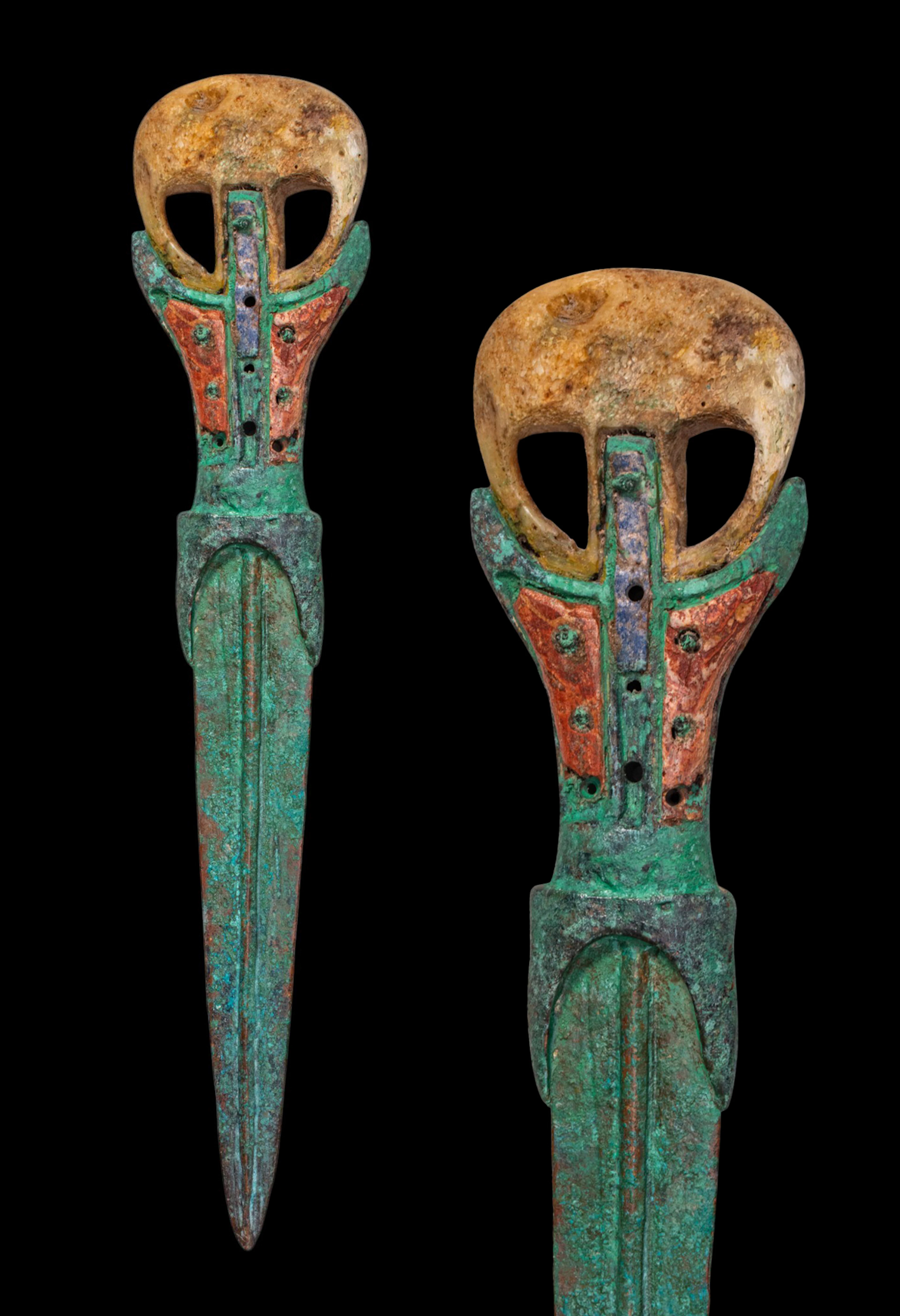 EGYPTIAN BRONZE DAGGER WITH LUNAR BONE POMMEL AND LAPIS LAZULI INLAYS