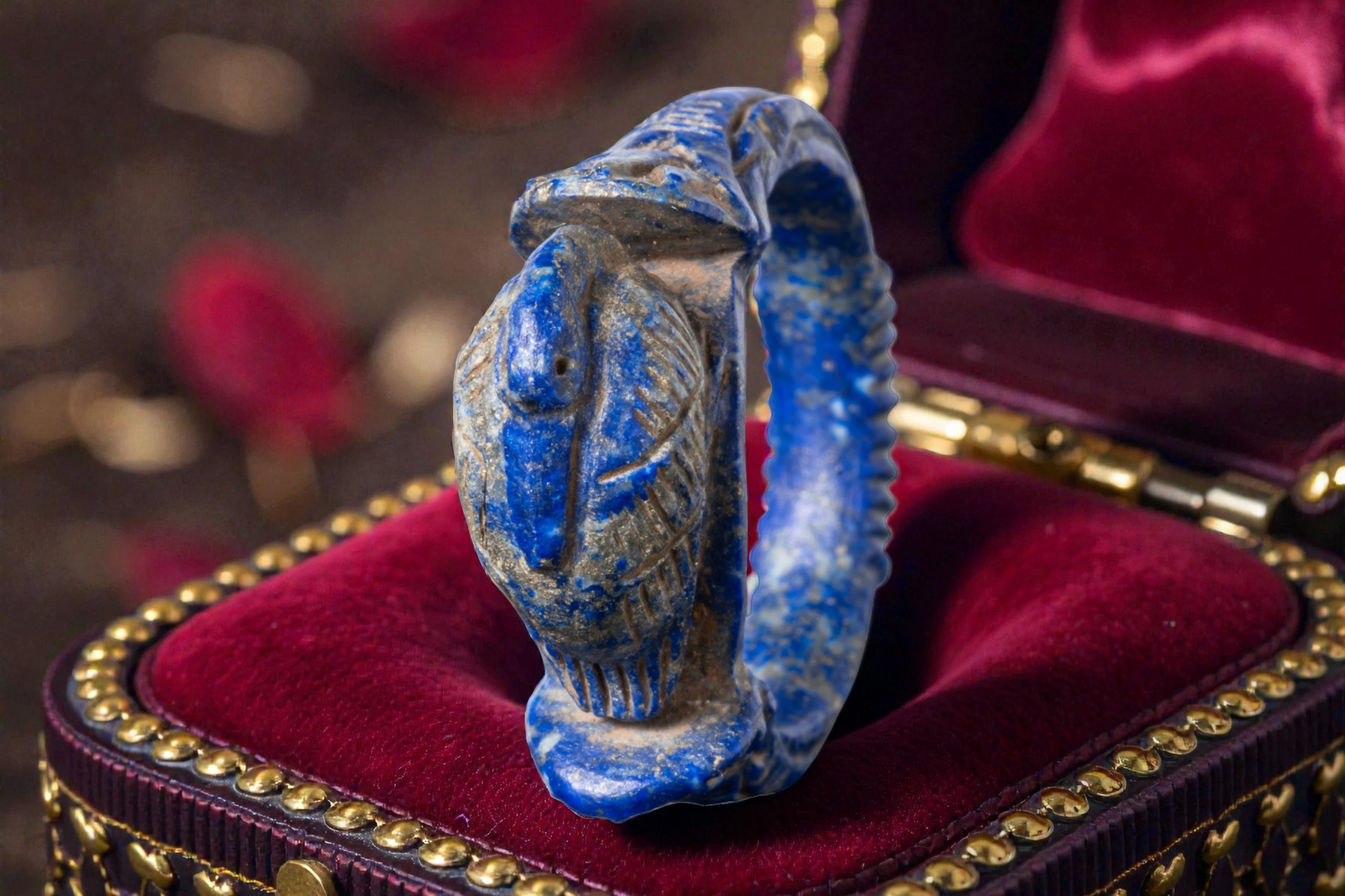 EGYPTIAN LAPIS LAZULI RING WITH DUCK AND PAPYRUS SHOULDERS