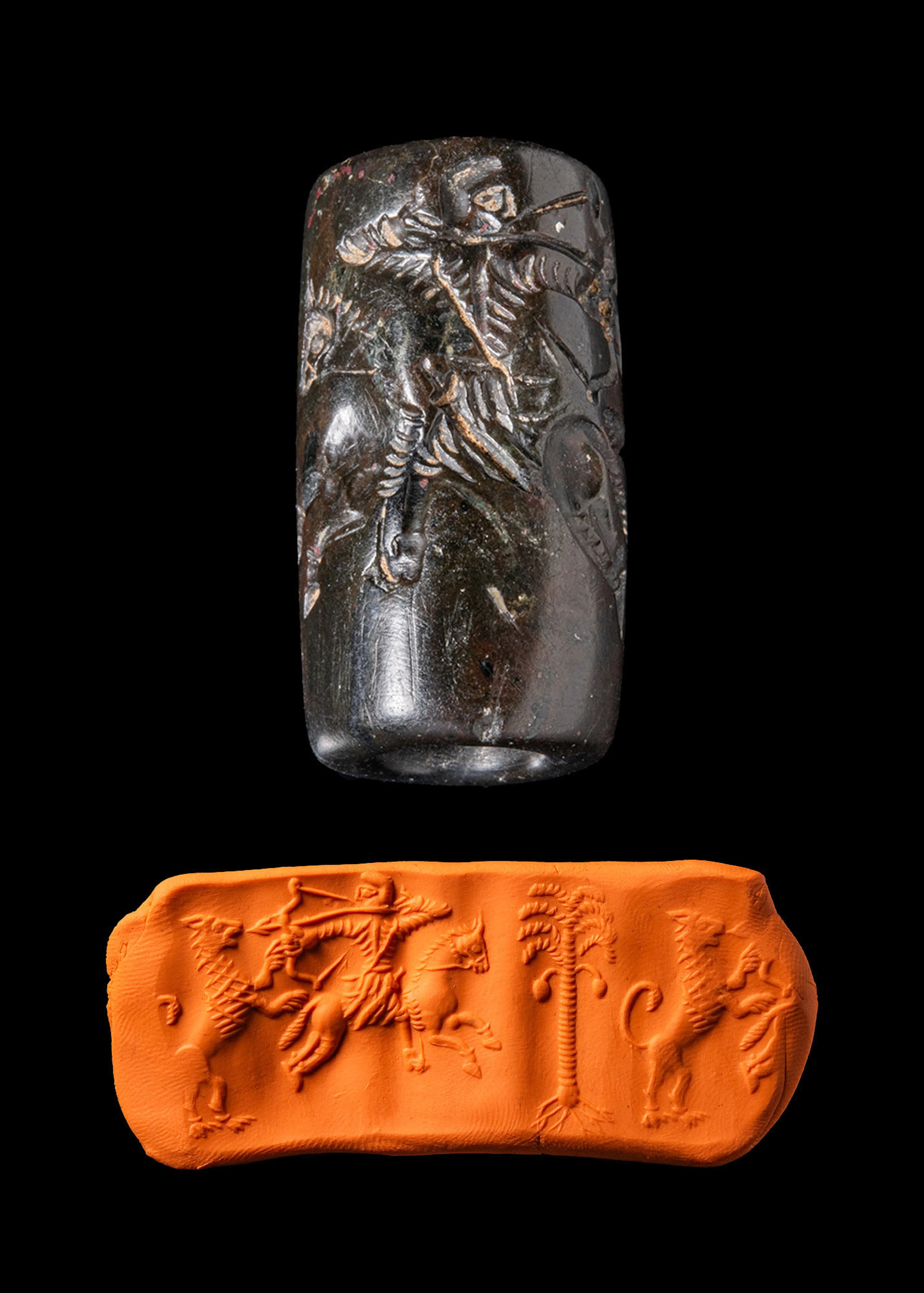 PARTHIAN HEAMATITE CYLINDER SEAL WIHT HUNTER ON HORSE