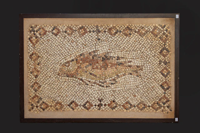 STUNNING ROMAN MOSAIC PANEL WITH FISH AND GEOMETRIC BORDER