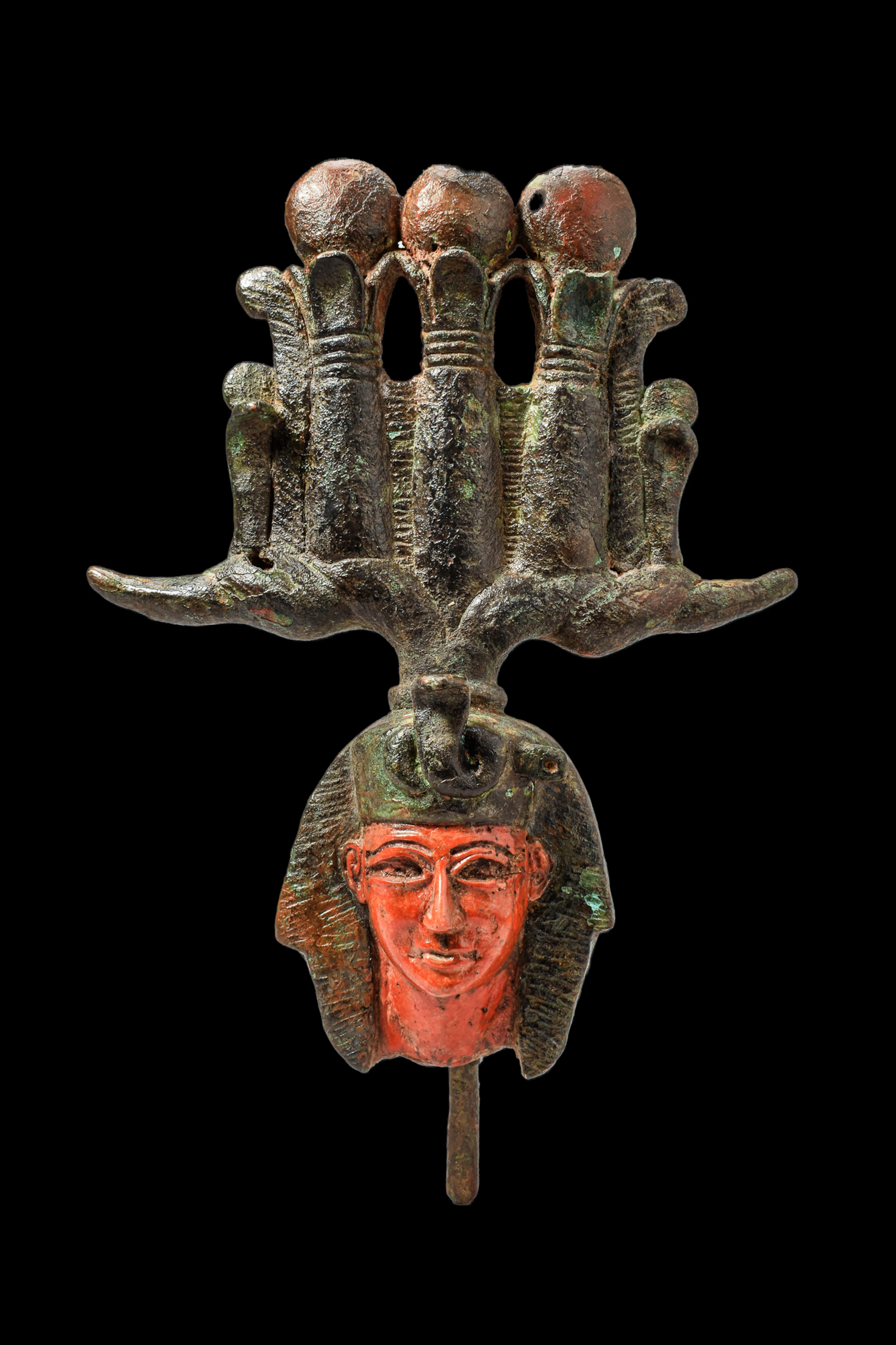 EGYPTIAN BRONZE MASK OF KHONSU WITH HEMHEM CROWN
