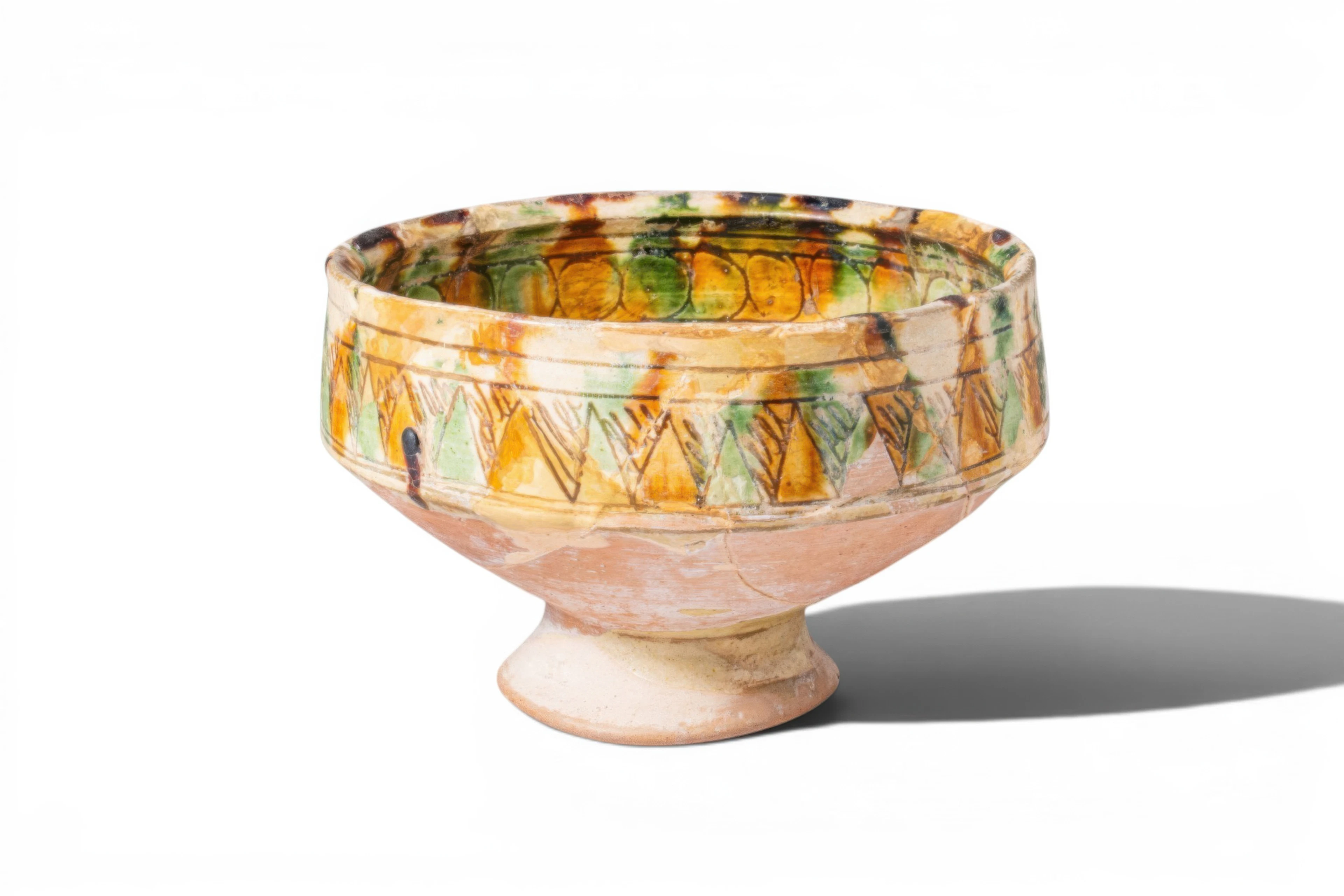 BYZANTINE GLAZED TERRACOTTA FOOTED BOWL WITH FLORAL MOTIFS - EX ASHMOLEAN