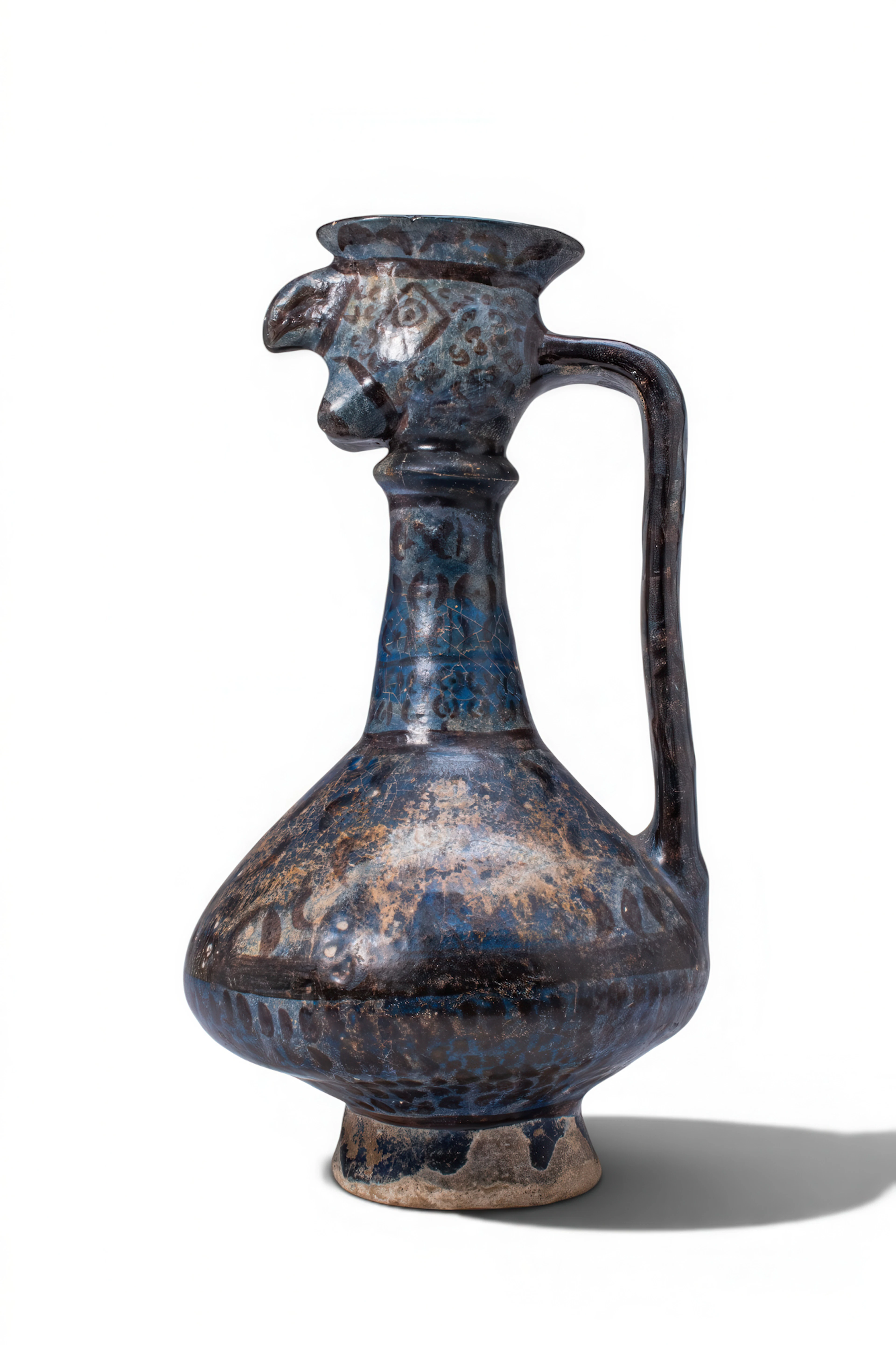 KASHAN GLAZED POTTERY EWER WITH BIRD-HEADED SPOUT