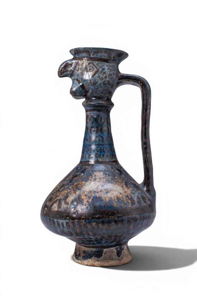 KASHAN GLAZED POTTERY EWER WITH BIRD-HEADED SPOUT