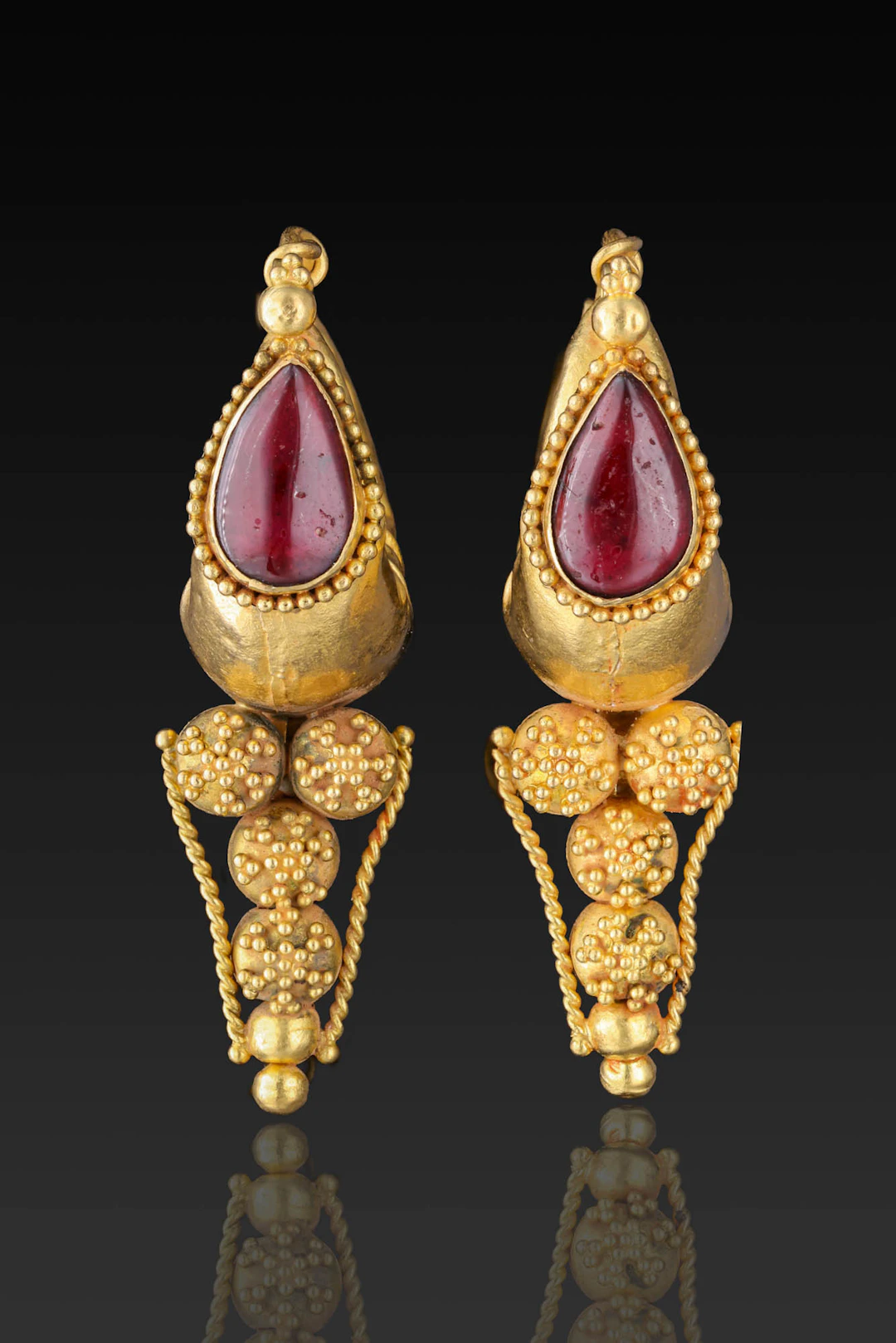 MATCHED PAIR OF GREEK GOLD FILIGREE EARRINGS WITH GARNETS