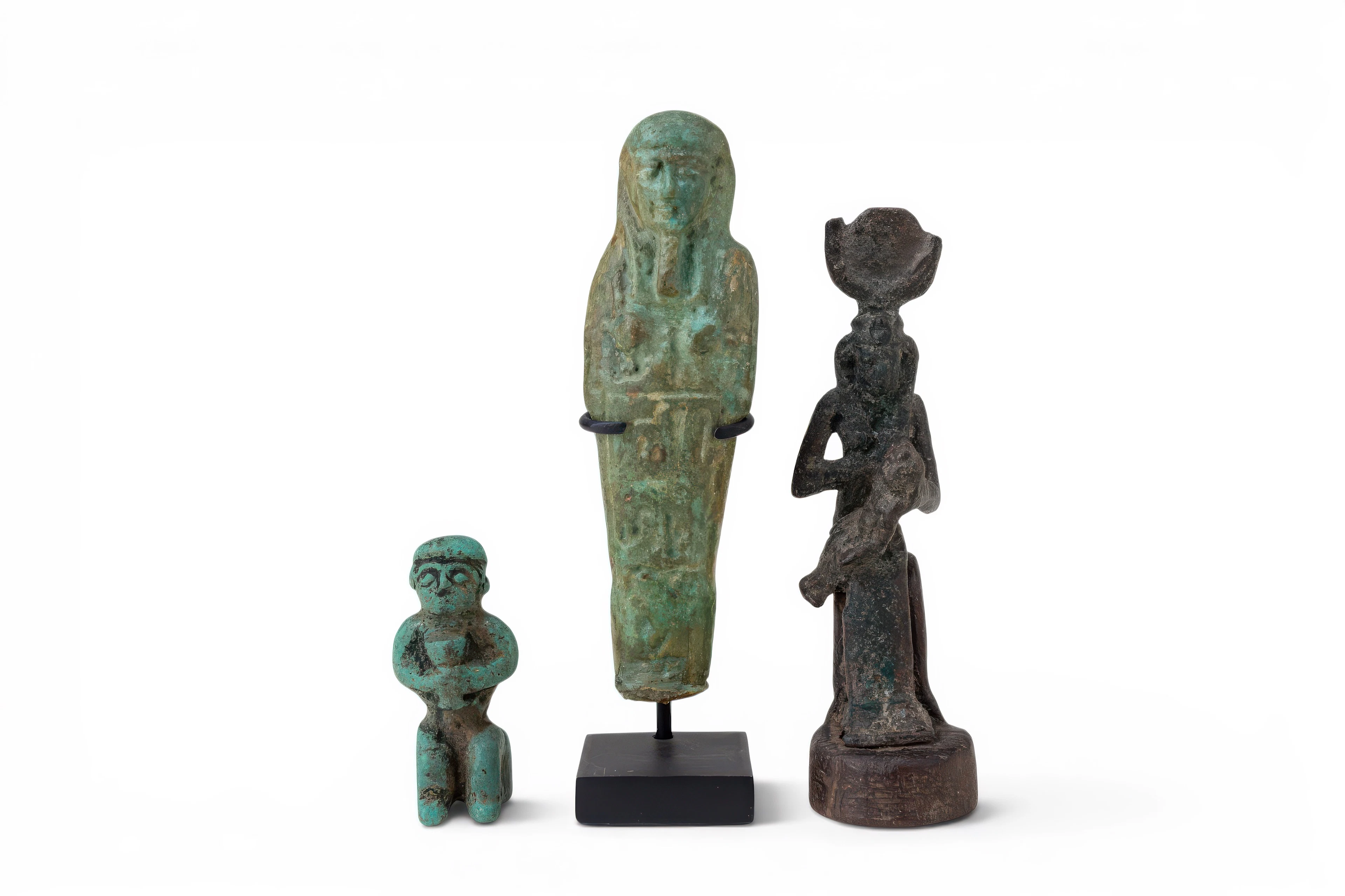 COLLECTION OF EGYPTIAN BLUE EGYPTIAN, FAIENCE AND BRONZE FIGURINES