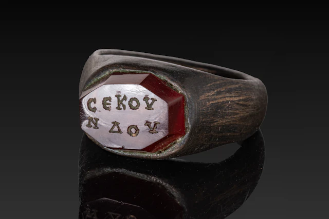 ROMAN SILVER RING WITH CARNELIAN INTAGLIO INSCRIBED WITH GREEK NAME OF SECUNDUS