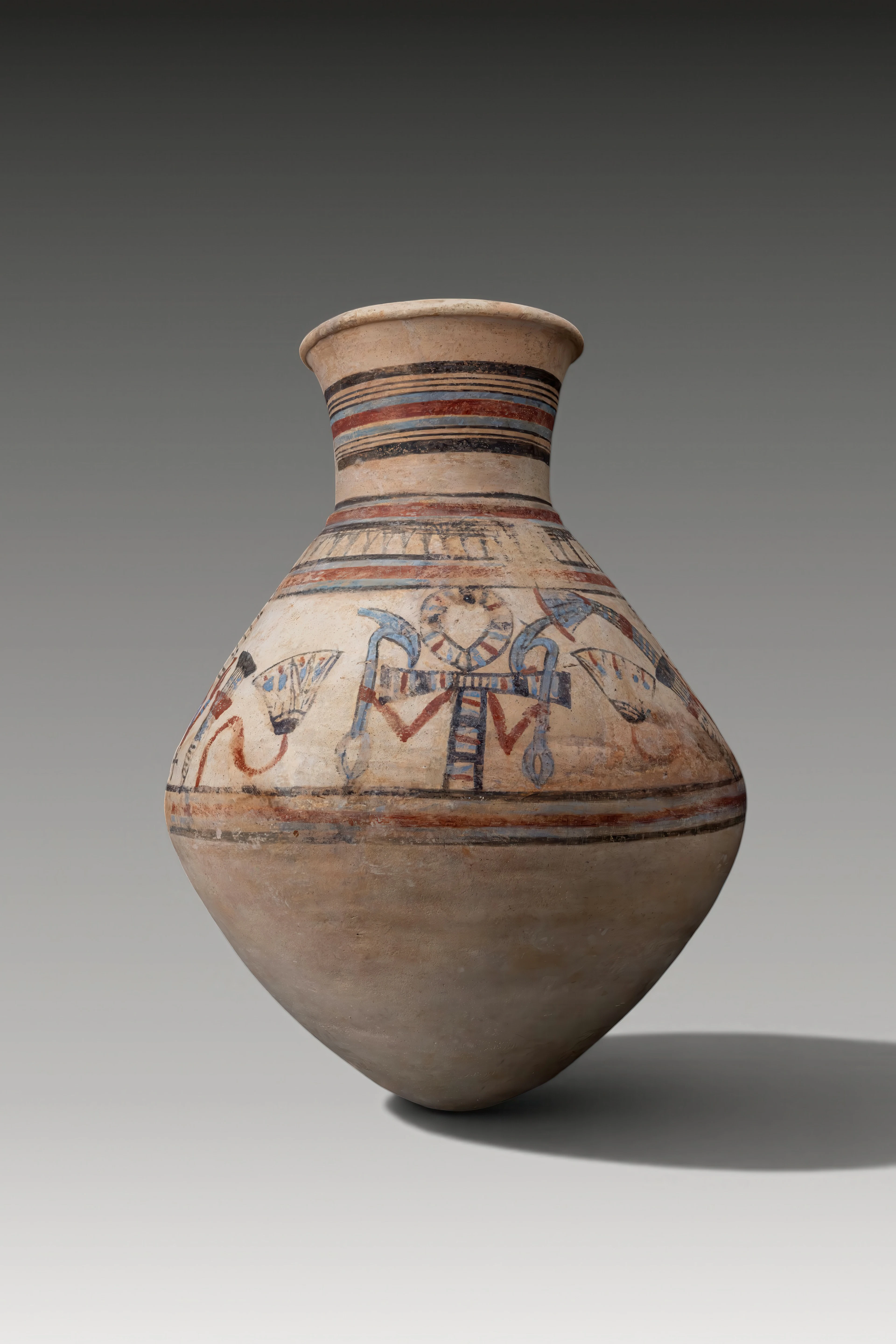 AMARNA PERIOD PAINTED POTTERY JAR WITH ANKH AND DJED MOTIFS