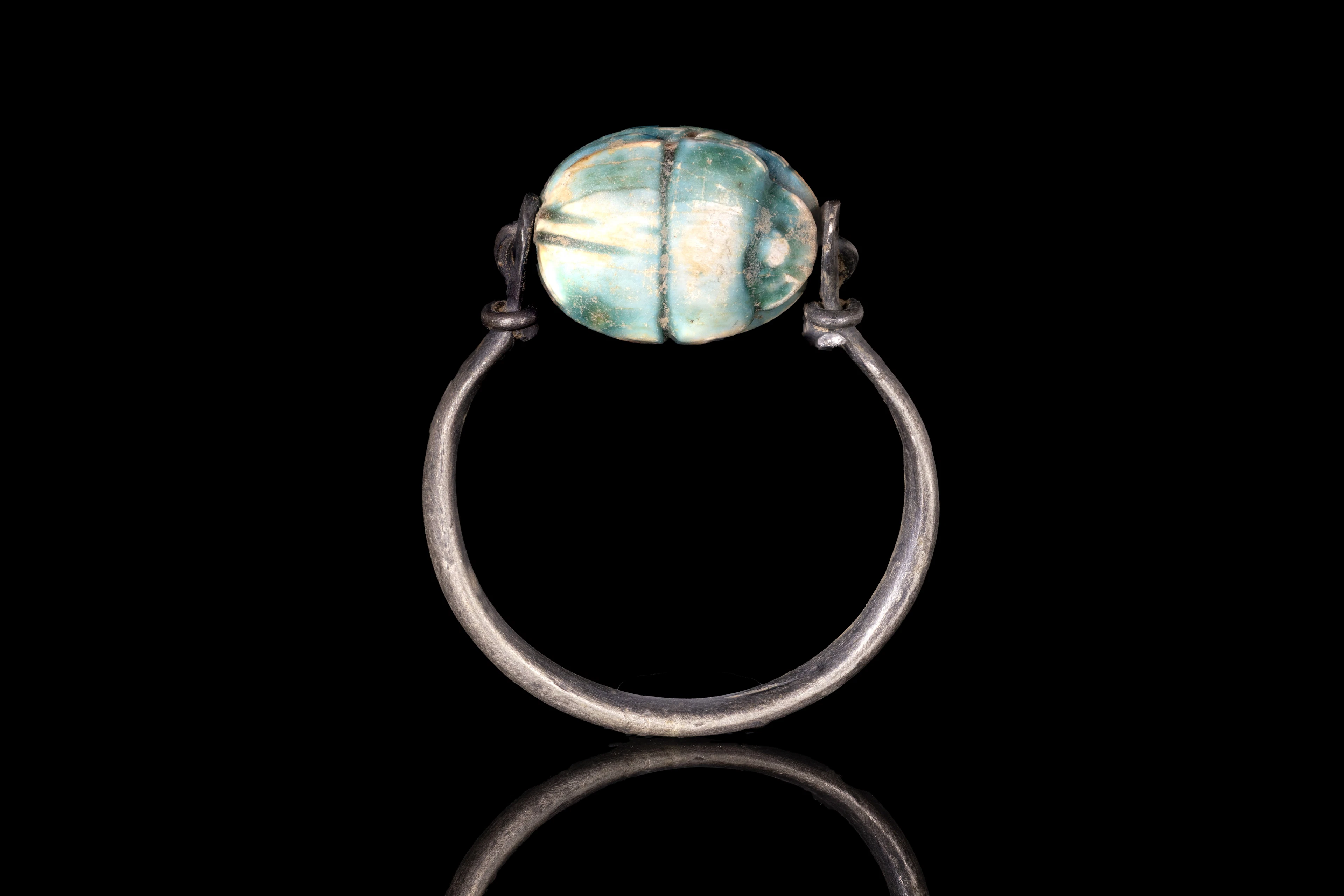 EGYPTIAN GLAZED STEATITE SCARAB WITH HIEROGLYPHICS IN SILVER RING