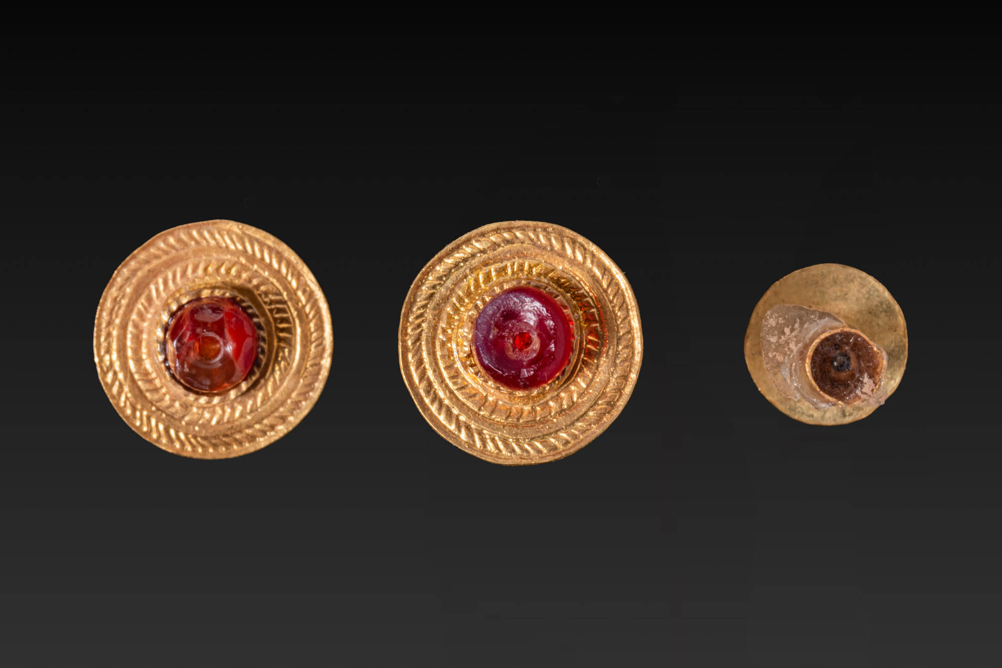 PAIR OF GREEK GOLD AND GARNET APPLIQUES
