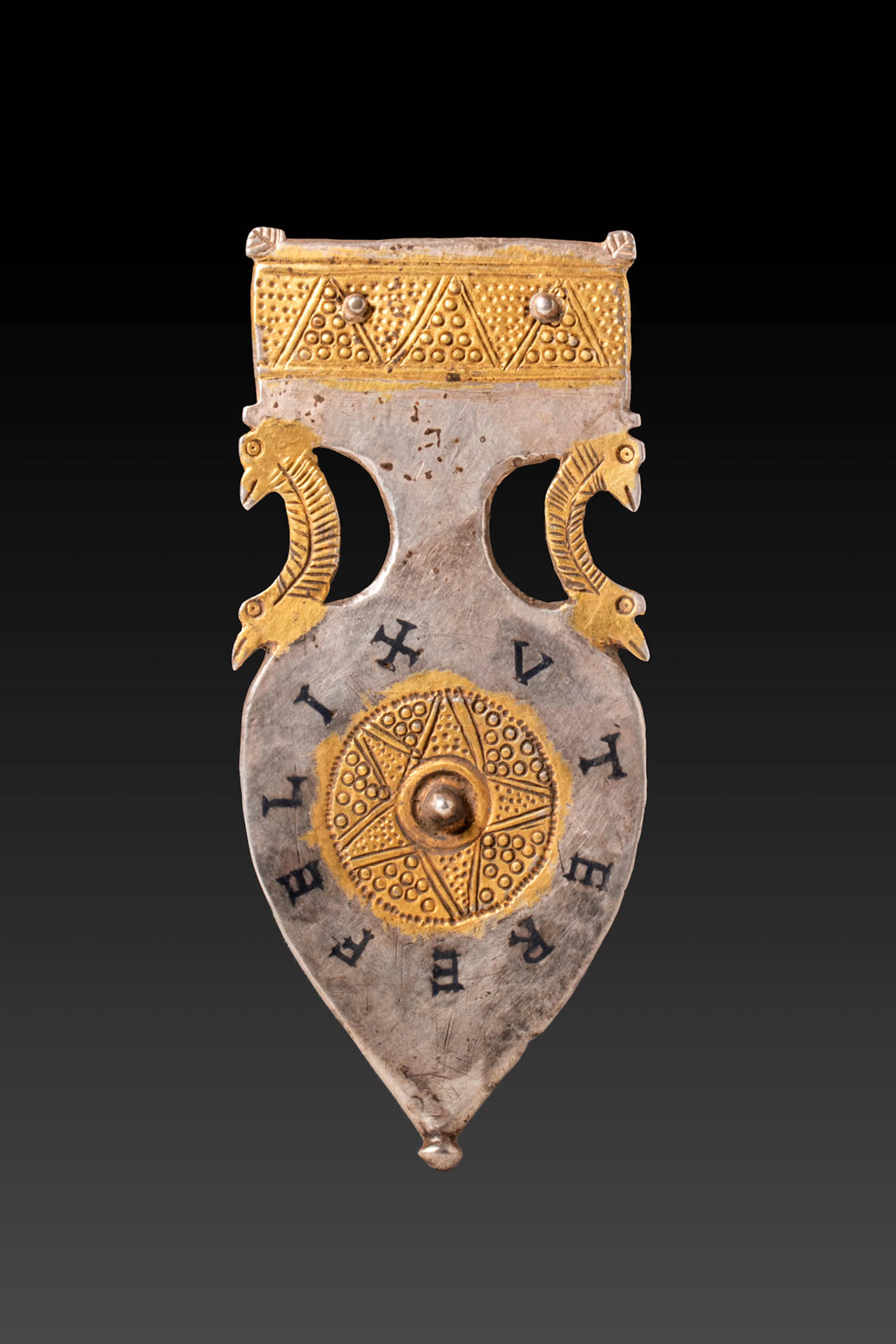 SUPERB ROMAN SILVER-GILT LEGIONARY APPLIQU� INSCRIBED �UTERE FELIX�