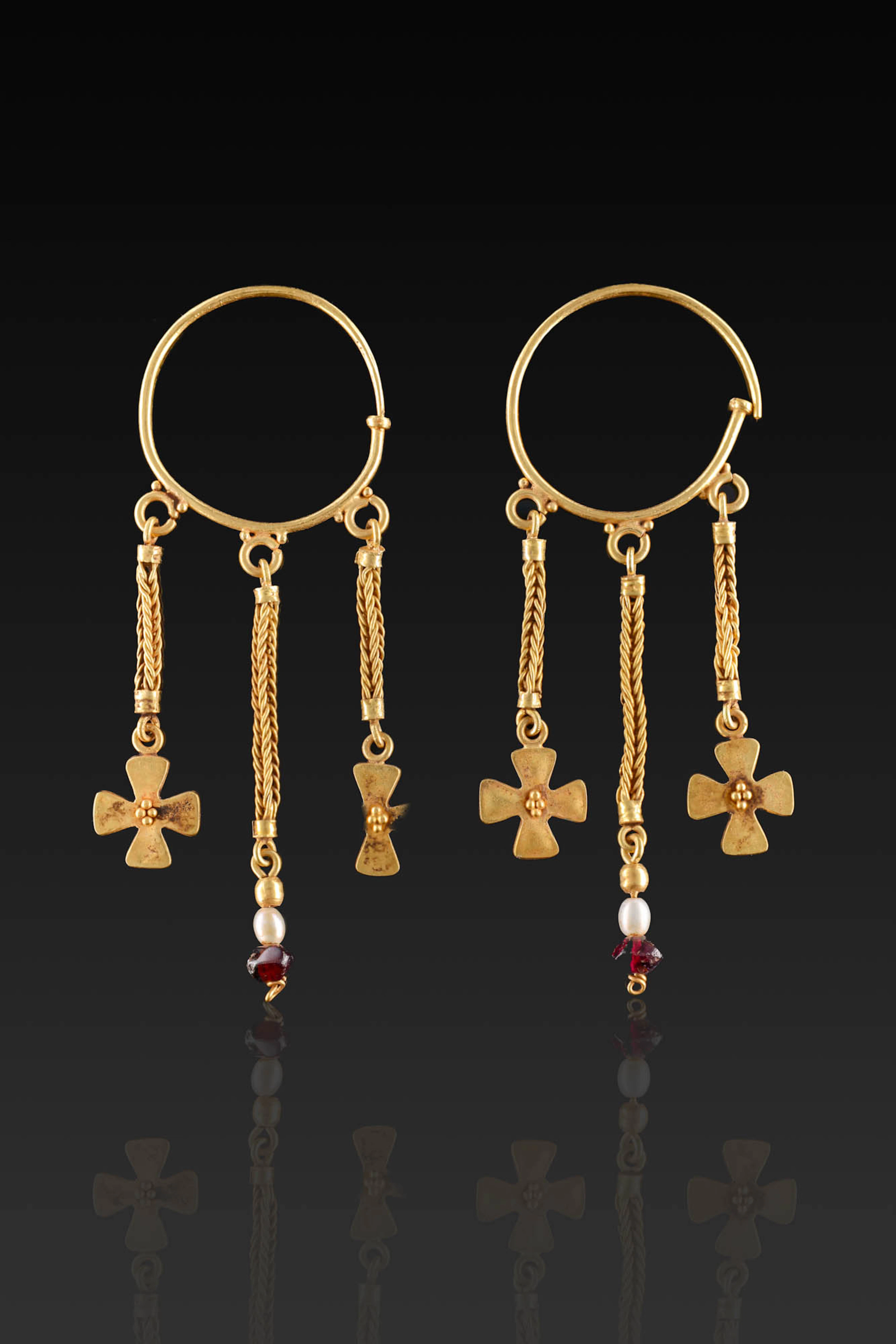 MATCHED PAIR OF BYZANTINE GOLD EARRINGS WITH CROSS PENDANTS, GARNETS AND PEARLS