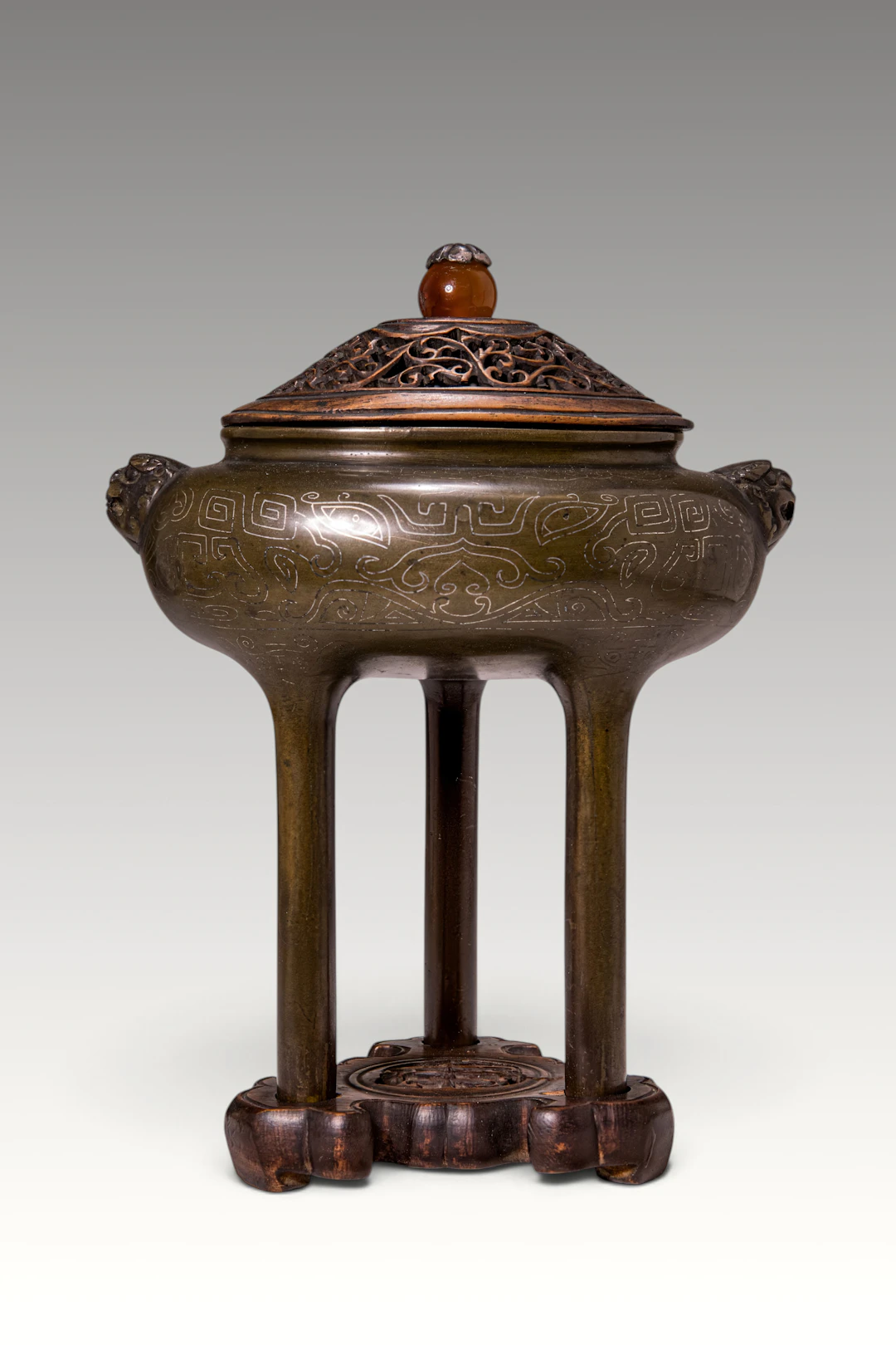 BRONZE TRIPOD INCENSE BURNER WITH RETICULATED WOODEN COVER