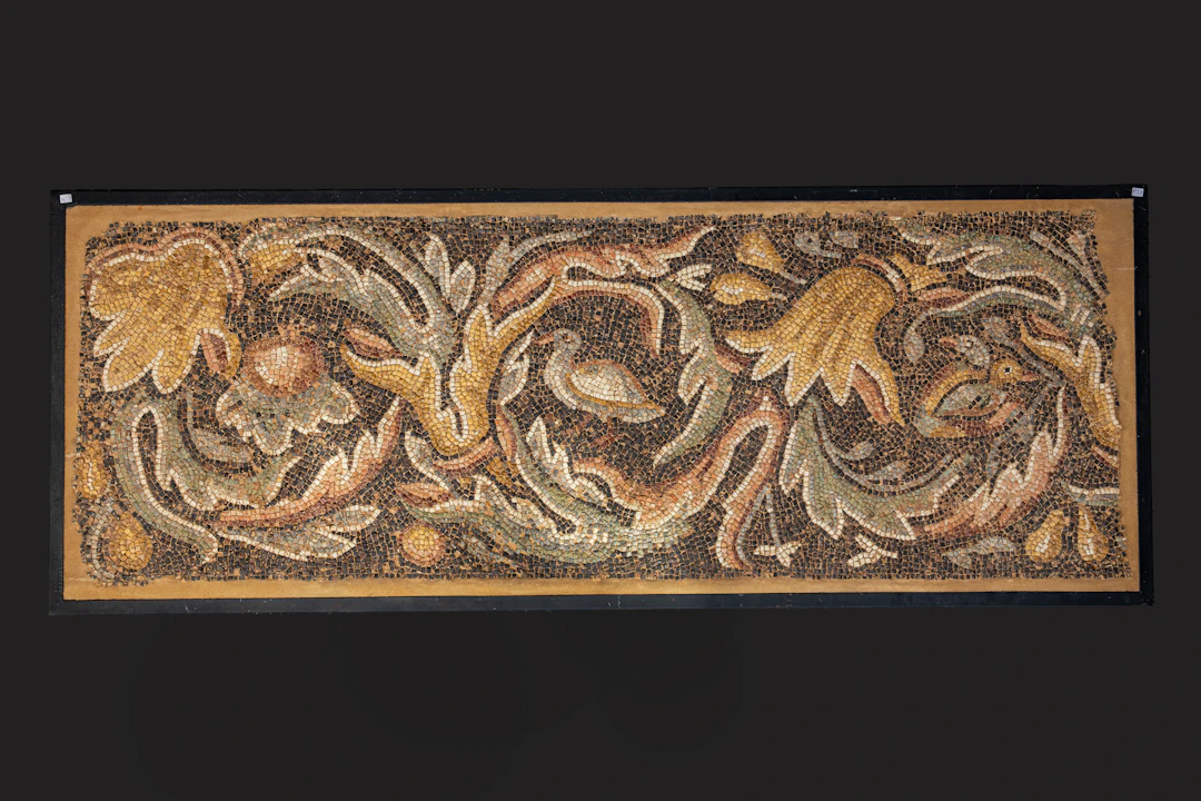 ROMAN POLYCHROME MOSAIC PANEL WITH BIRDS AND ACHANTUS SCROLLS ON A